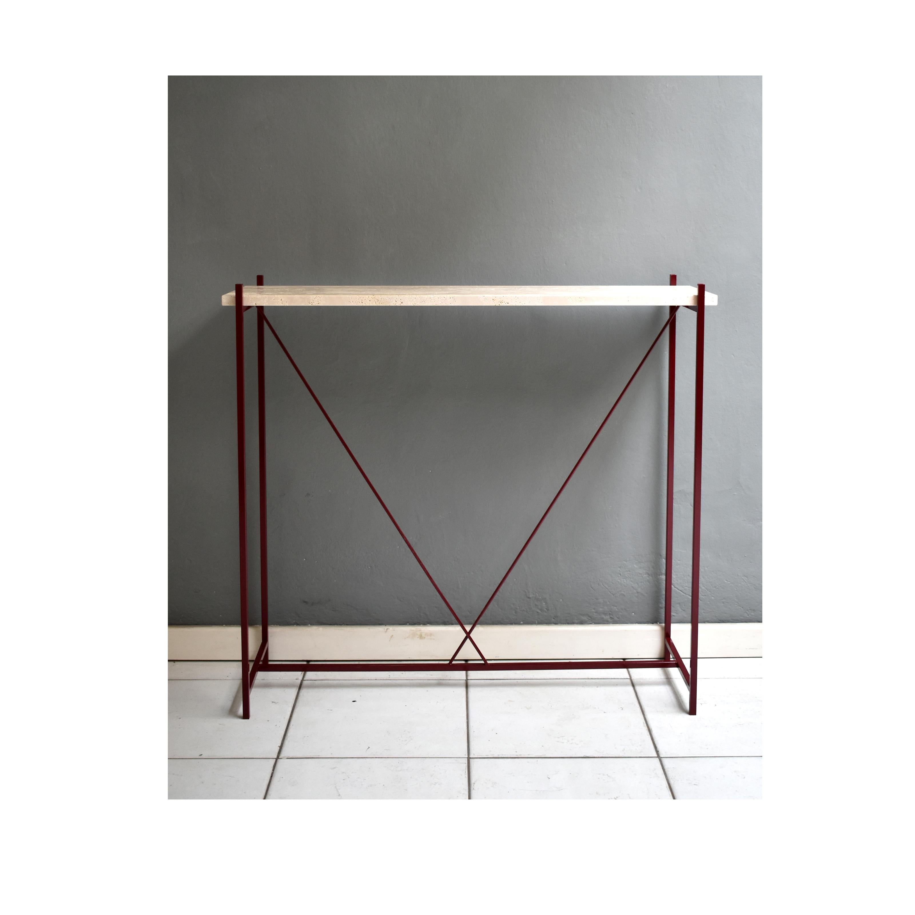 Italian Console 'Tekno', Iron Structure and Travertine Marble Top For Sale