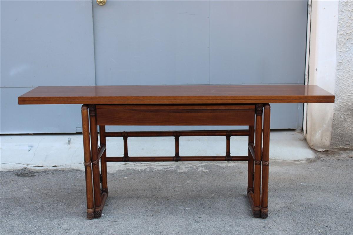 Minimalist Walnut Wood and Leather Convertible Table Console  McGuire 1970 For Sale