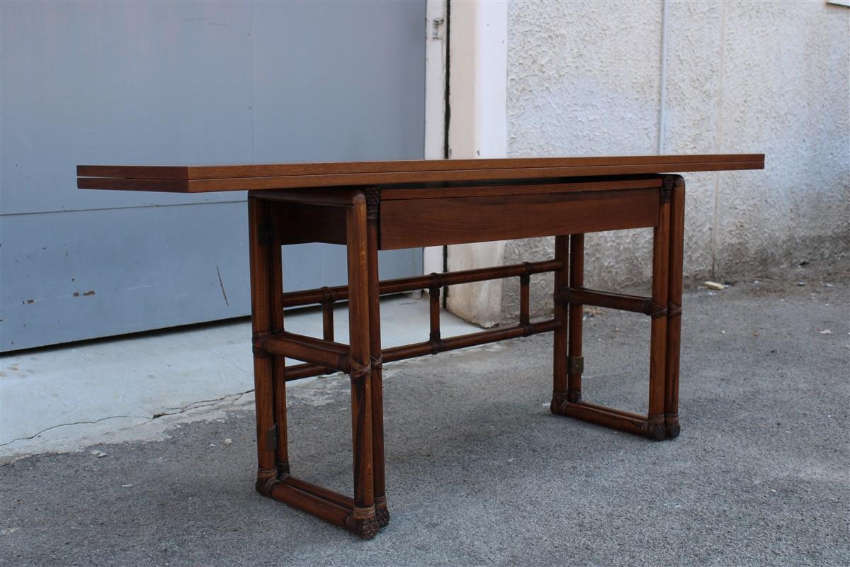 Italian Walnut Wood and Leather Convertible Table Console  McGuire 1970 For Sale