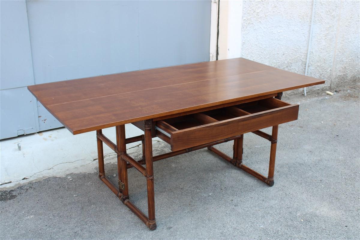 Walnut Wood and Leather Convertible Table Console  McGuire 1970 For Sale 1