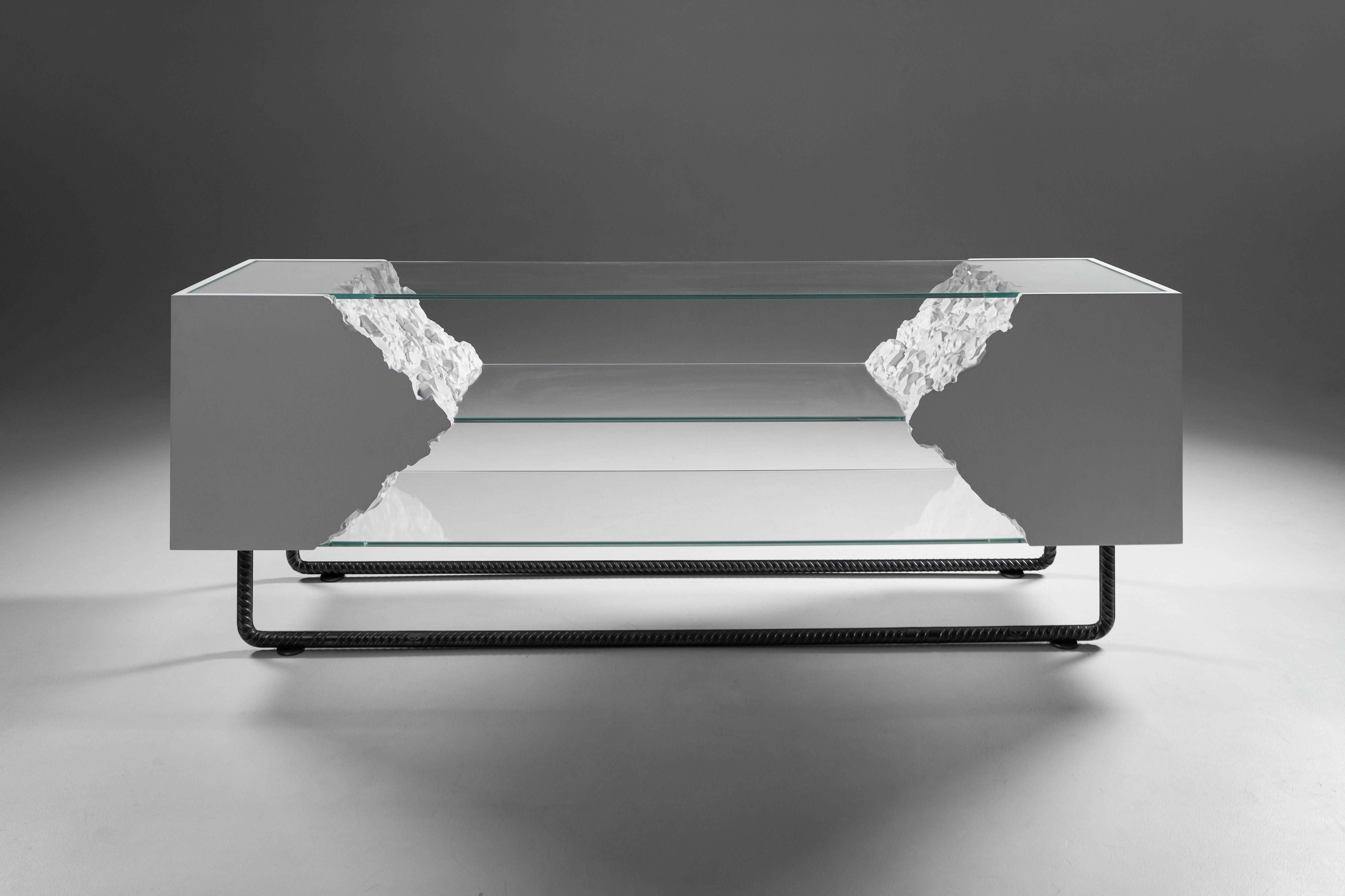 Industrial Console / TV Table Break Free Collection from Glass and Wood for Wild Interior For Sale