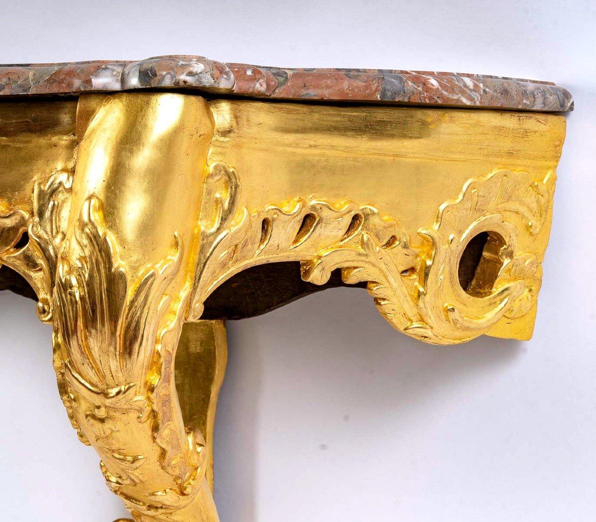 Louis XIV Console Two Feet, Golden Wood With Leaf, Period: Regency, Red Flanders Marble