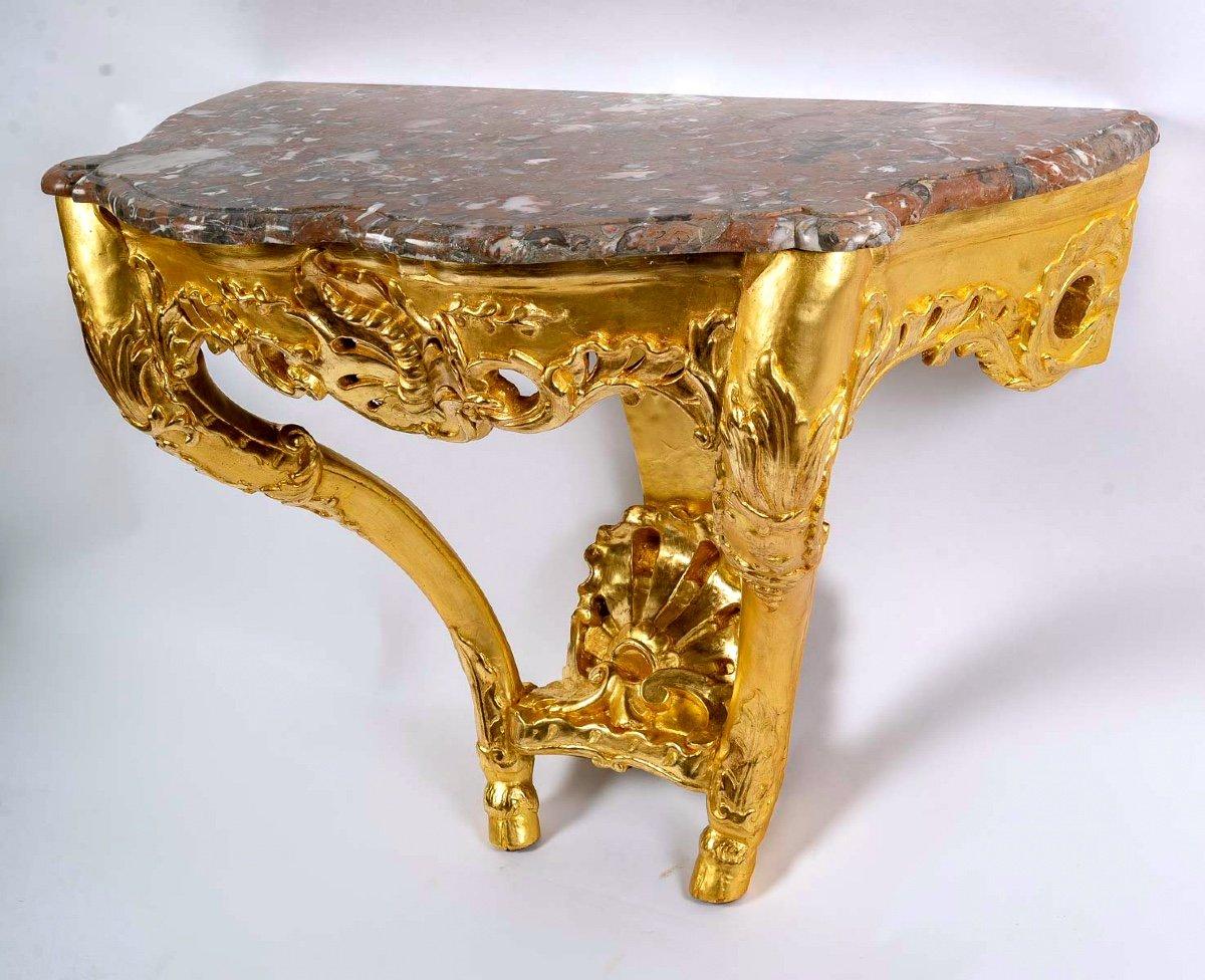 Gilt Console Two Feet, Golden Wood With Leaf, Period: Regency, Red Flanders Marble