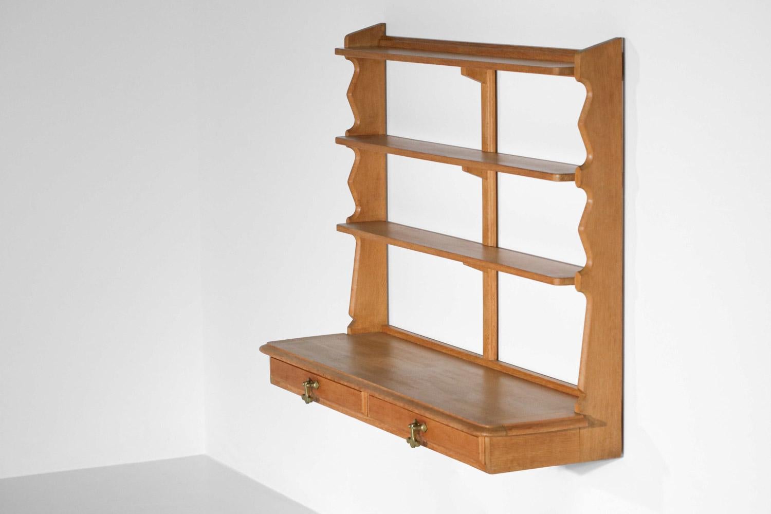 Console Wall Shelf by Guillerme and Chambered Solid Oak 60s In Good Condition In Lyon, FR