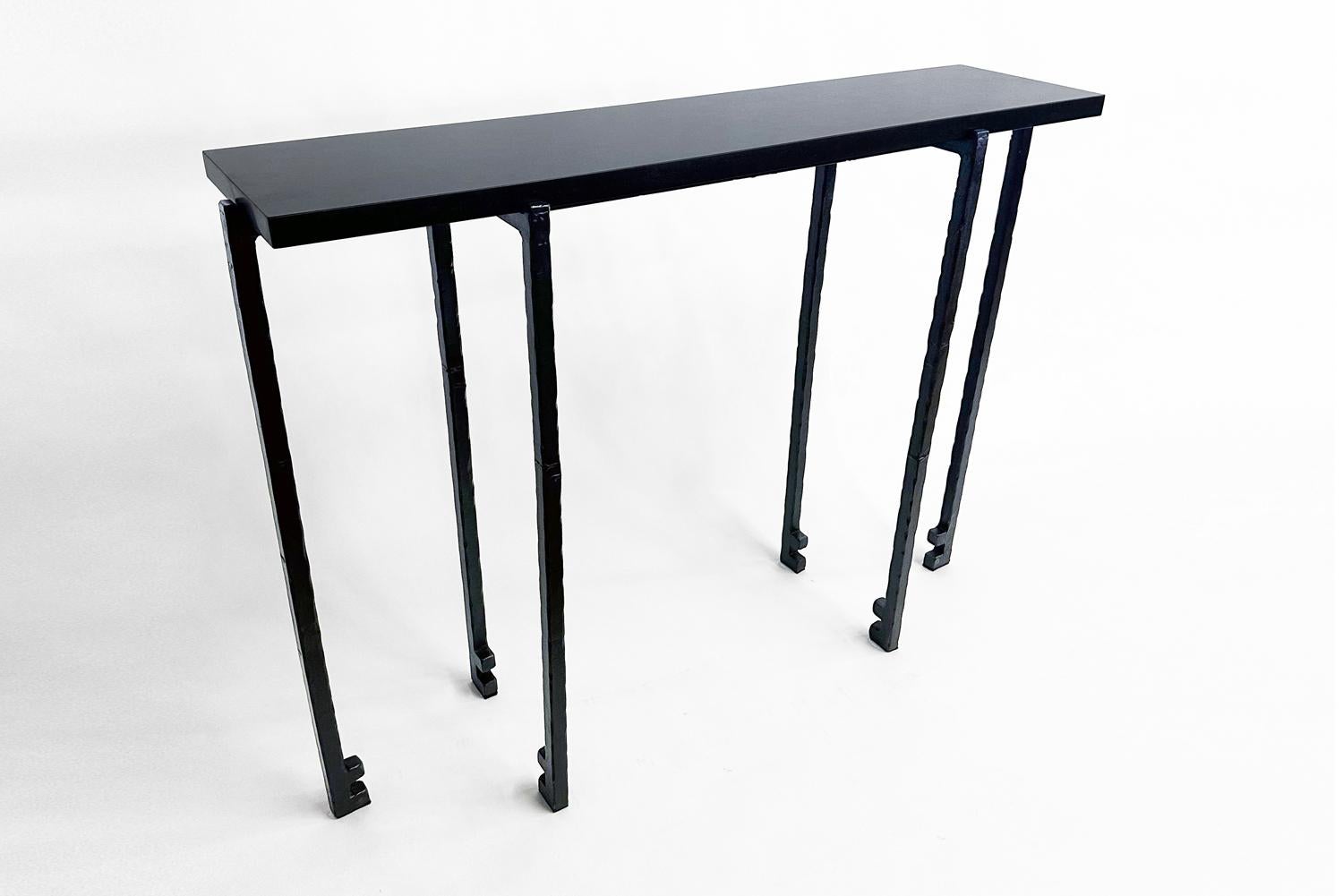 Modern Console with Absolute Black Granite Contemporary Hand Sculpted Blackened Steel For Sale