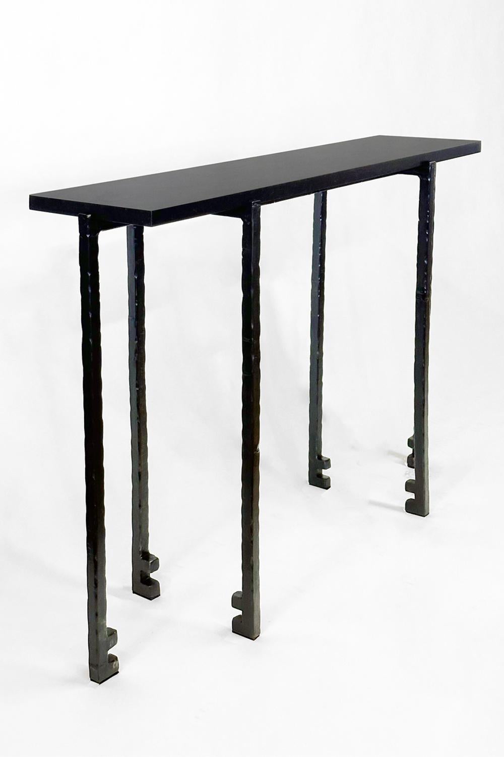 American Console with Absolute Black Granite Contemporary Hand Sculpted Blackened Steel For Sale
