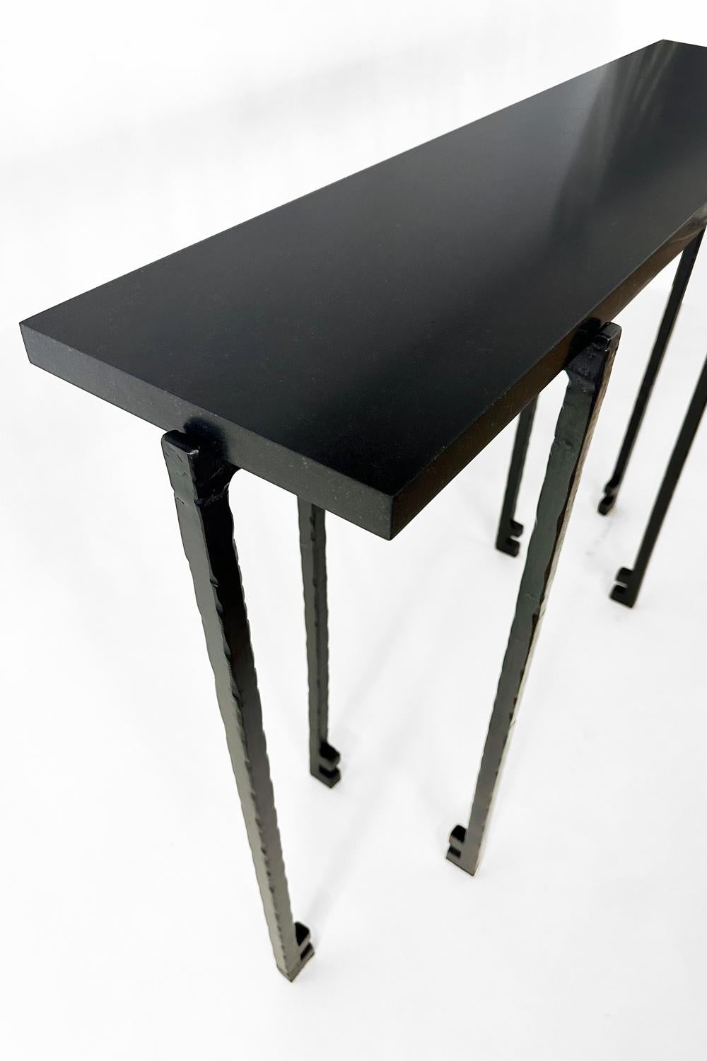 Hand-Carved Console with Absolute Black Granite Contemporary Hand Sculpted Blackened Steel For Sale