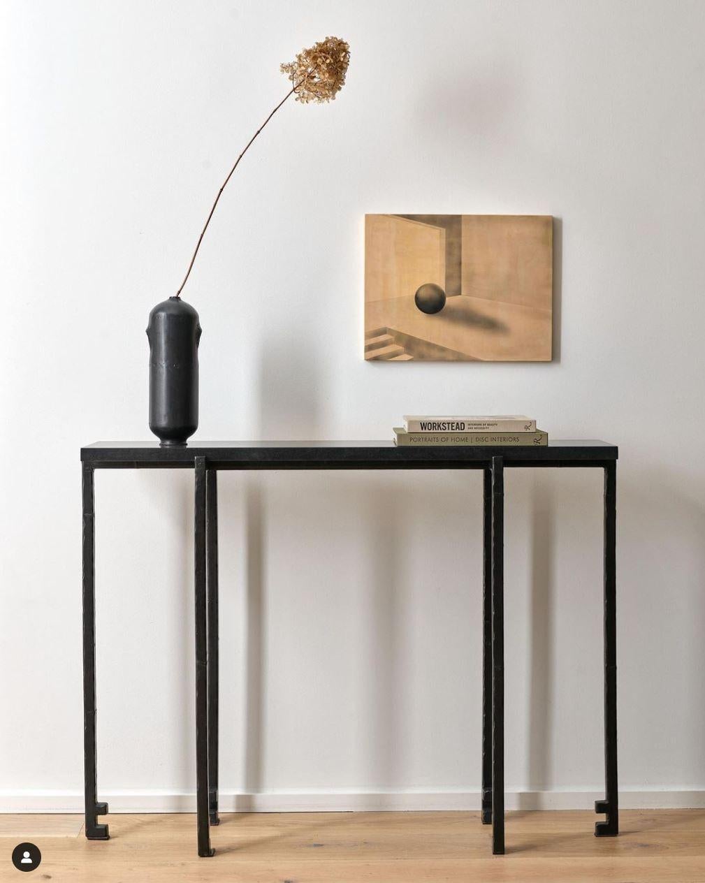 Console with Absolute Black Granite Contemporary Hand Sculpted Blackened Steel For Sale 1
