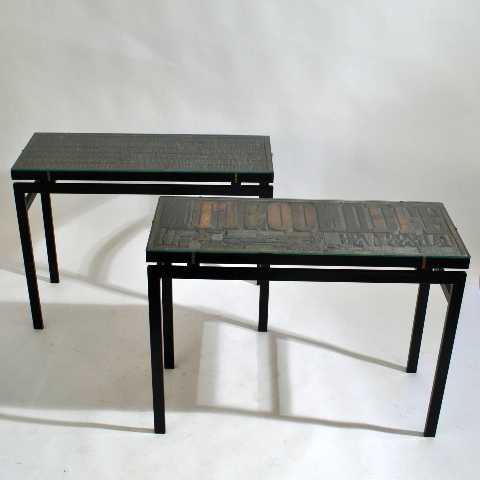 Cut Glass Console with Antique Printing Letters and Glass Top on Metal Frame For Sale
