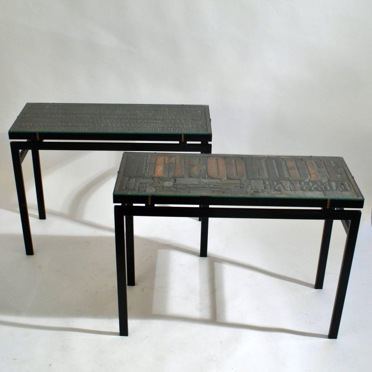 Console with Early 20th Century Printing Letters and Glass Top on Metal ...