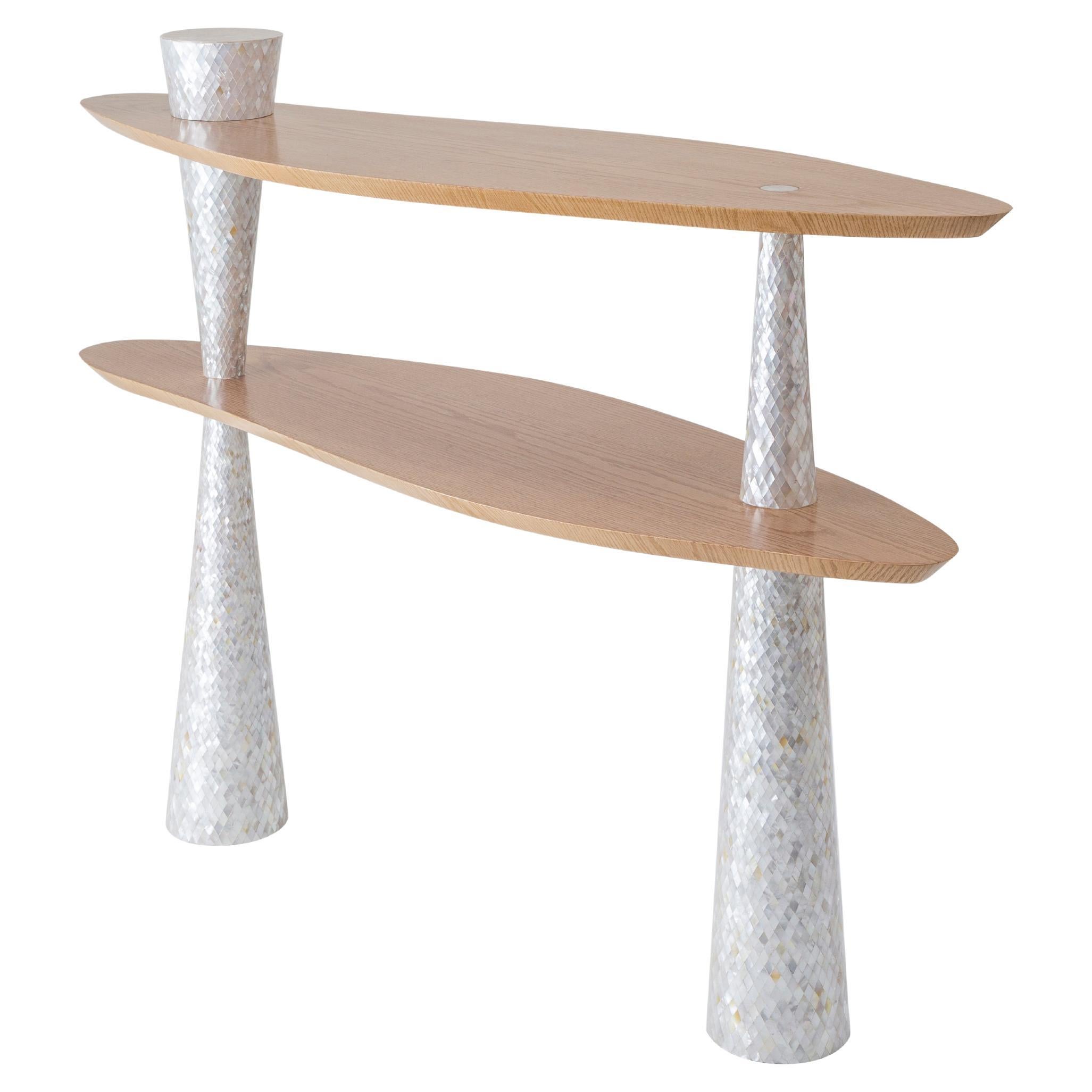 Console with Hand-Laid Mother-of-Pearl Legs & 2 Organic-Shaped Massive Oak Tops For Sale