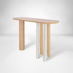 Console with Hand-Laid Mother-of-Pearl/ Nacre and Massive Hand-Crafted Oak Legs