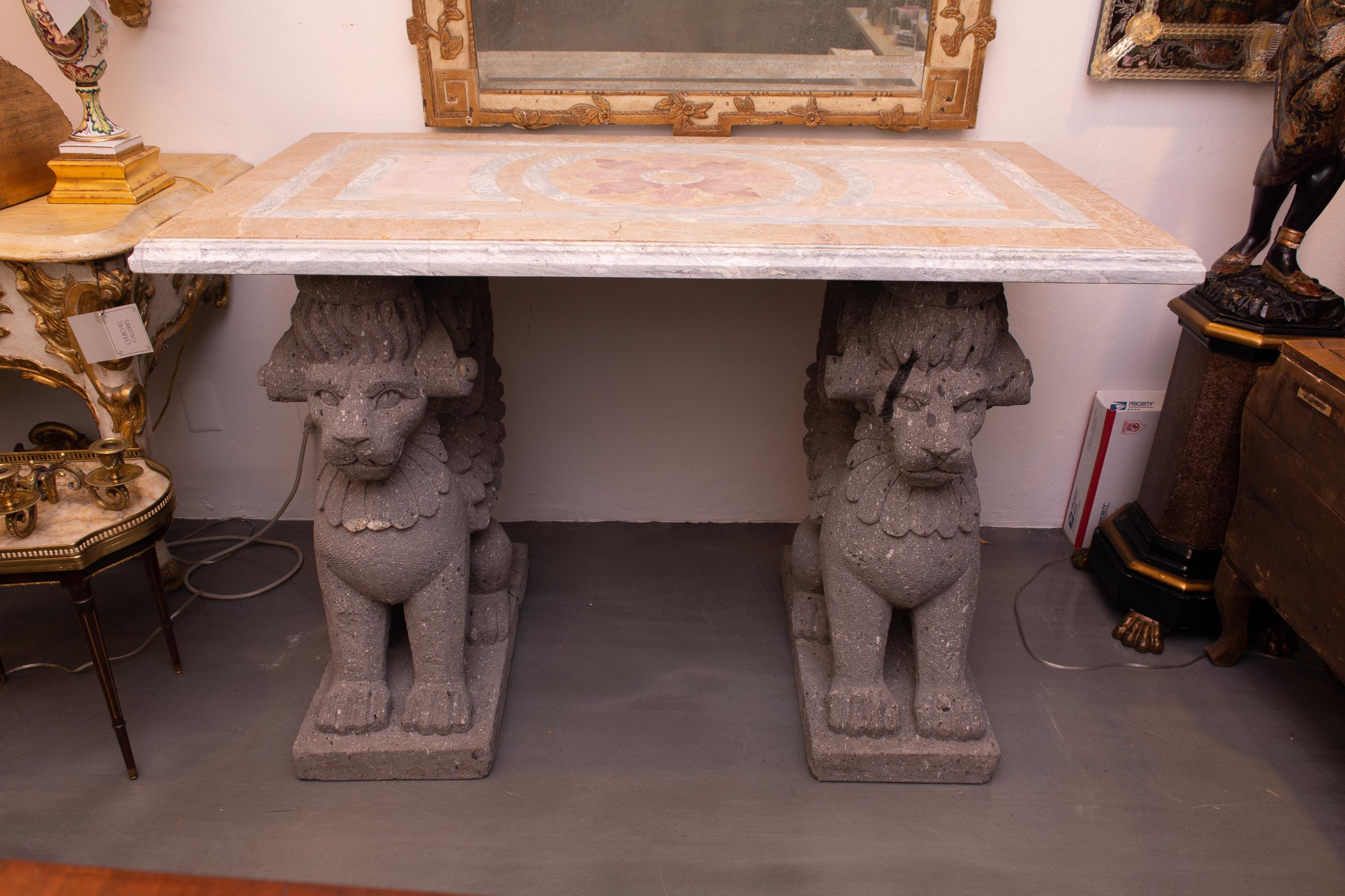 Italian Console with Inlaid Marble Top on Cast Stone Supports For Sale