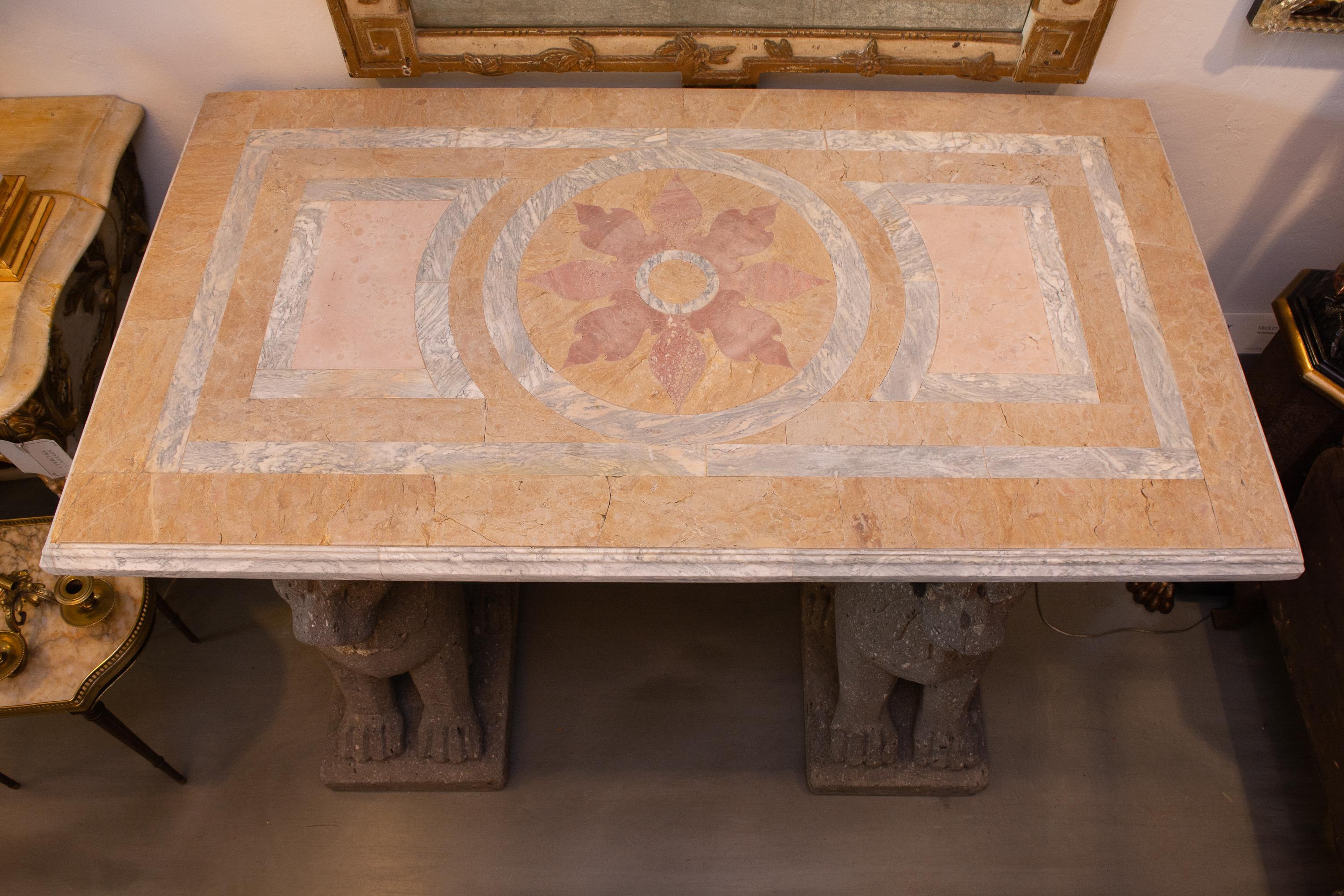 Inlay Console with Inlaid Marble Top on Cast Stone Supports For Sale