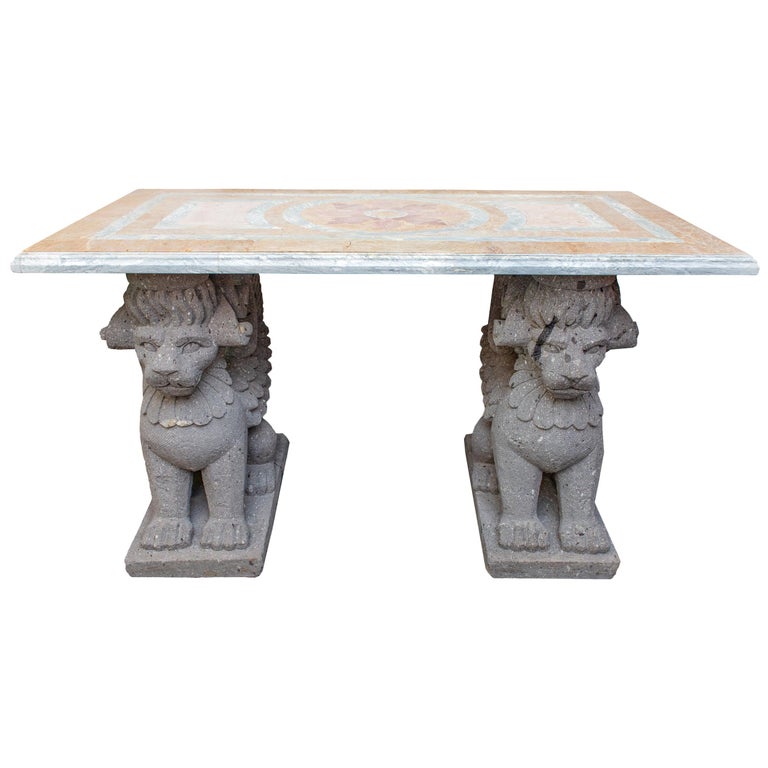 Console with Inlaid Marble Top on Cast Stone Supports For Sale at 1stDibs