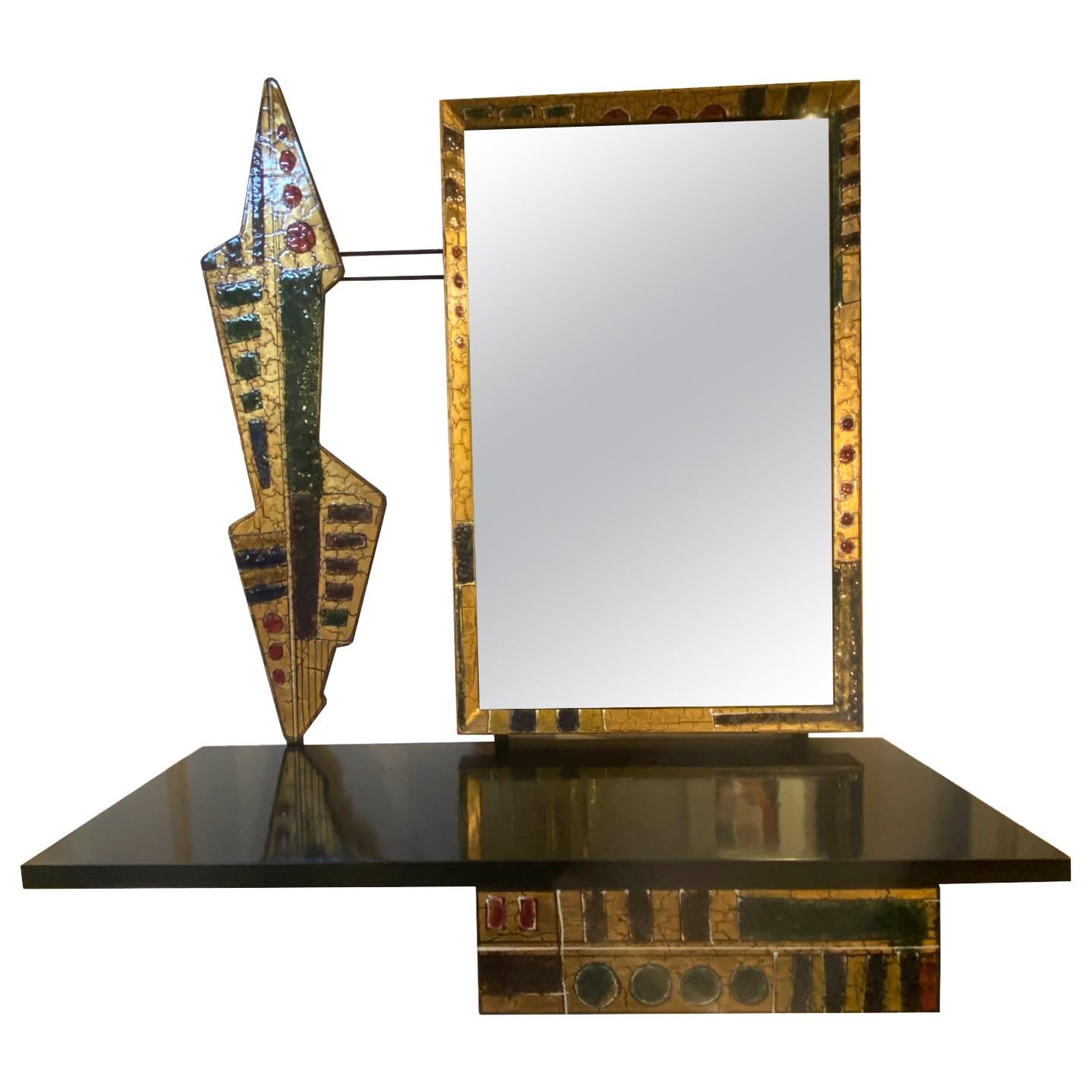 Console with Mirror and Decoration in Wood and Enameled Copper, Italy, 1960s