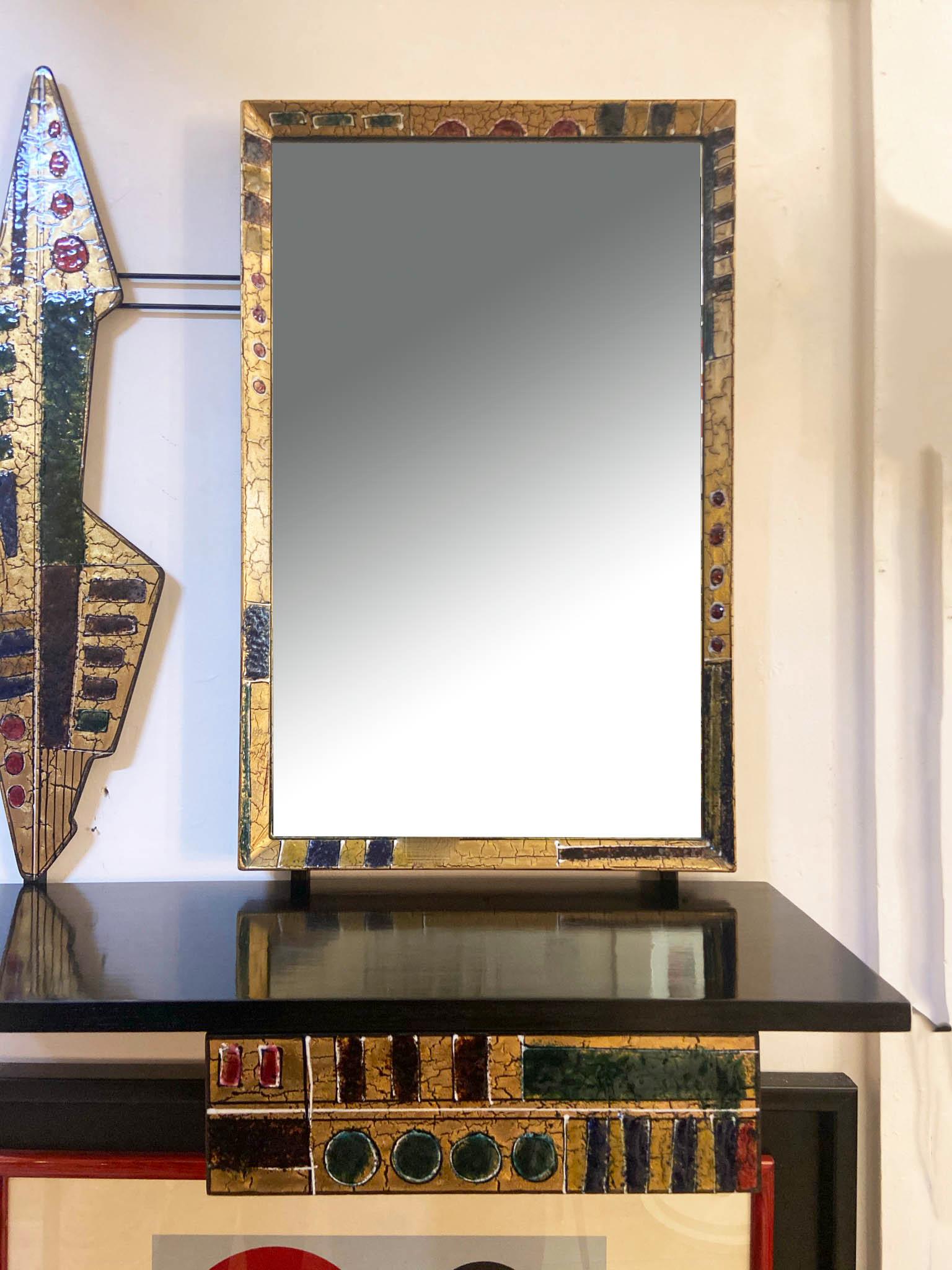 Mid-Century Modern Console with Mirror and Decoration in Wood and Enameled Copper, Italy, 1960s