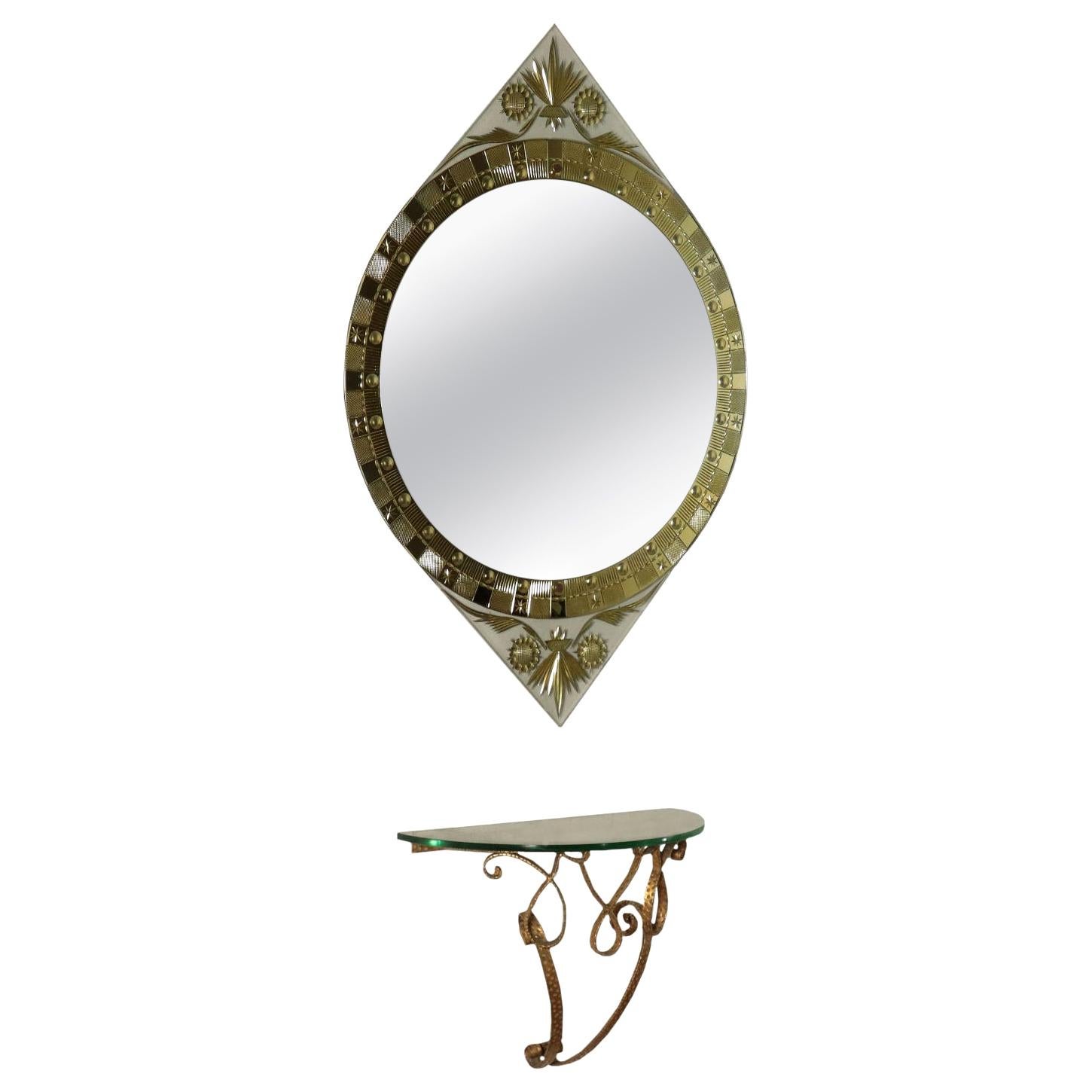 Console with Mirror, Gilded Metal and Crystal, Italy, 1950s