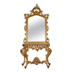 Antique Console with Mirror Gilded Wood, 19th Century
