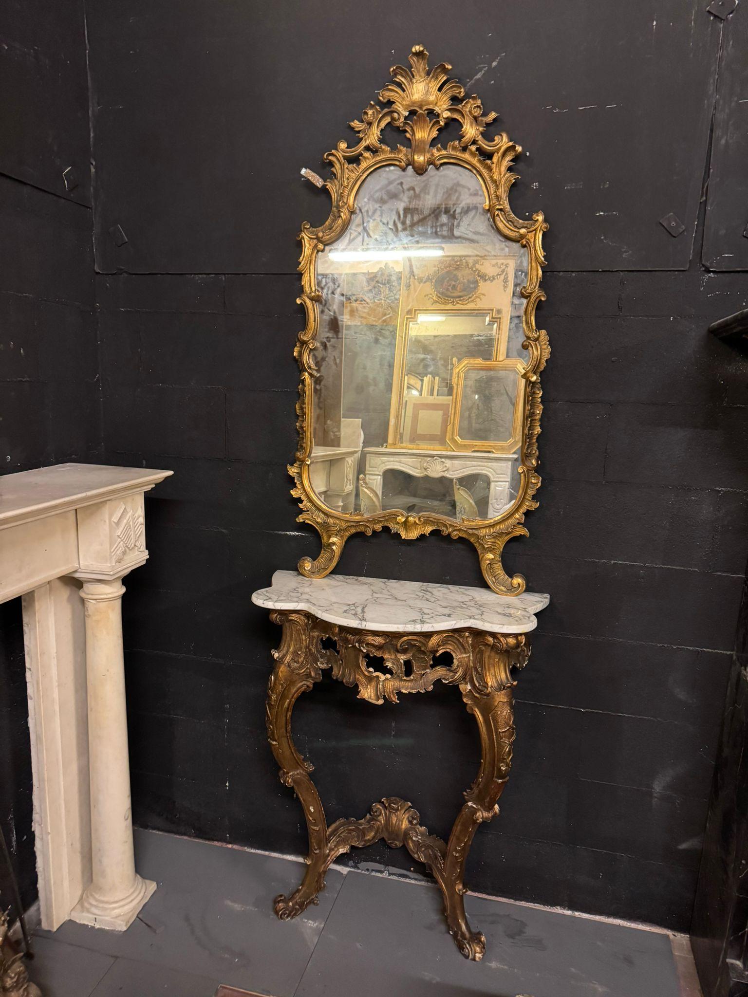 Italian Console with mirror in carved and gilded wood and base table, Italy For Sale