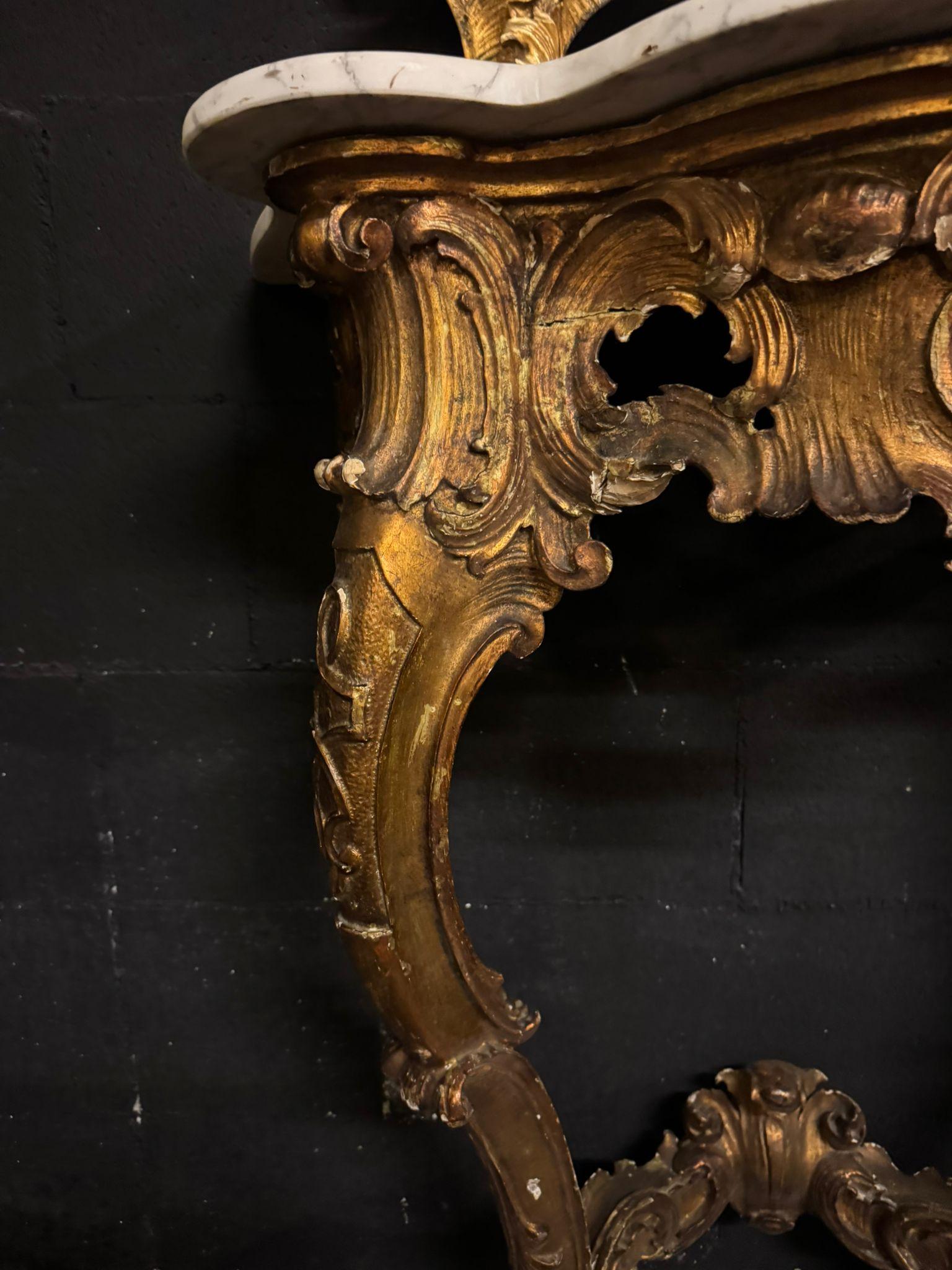 Console with mirror in carved and gilded wood and base table, Italy In Good Condition For Sale In Cuneo, Italy (CN)