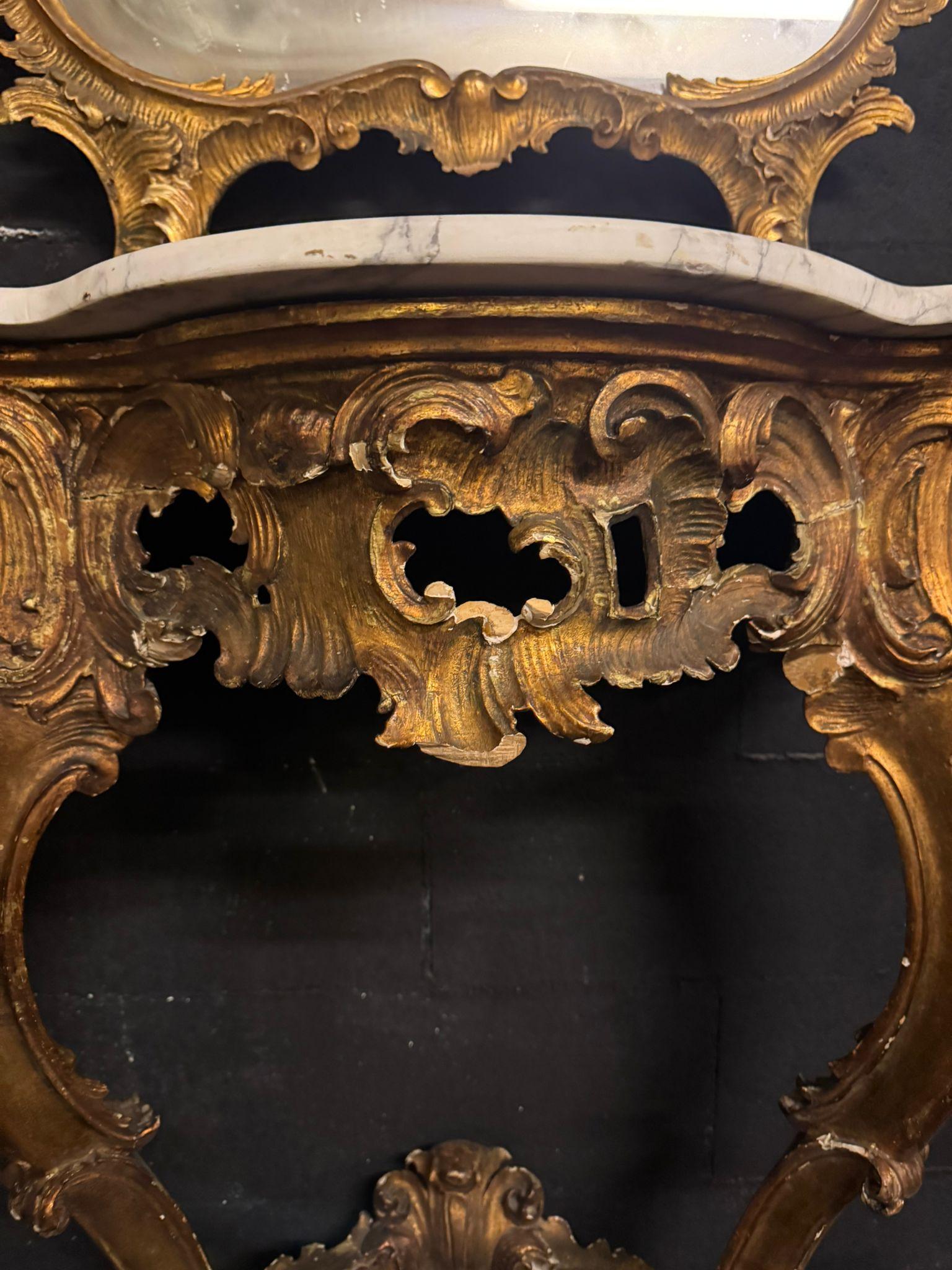 19th Century Console with mirror in carved and gilded wood and base table, Italy For Sale