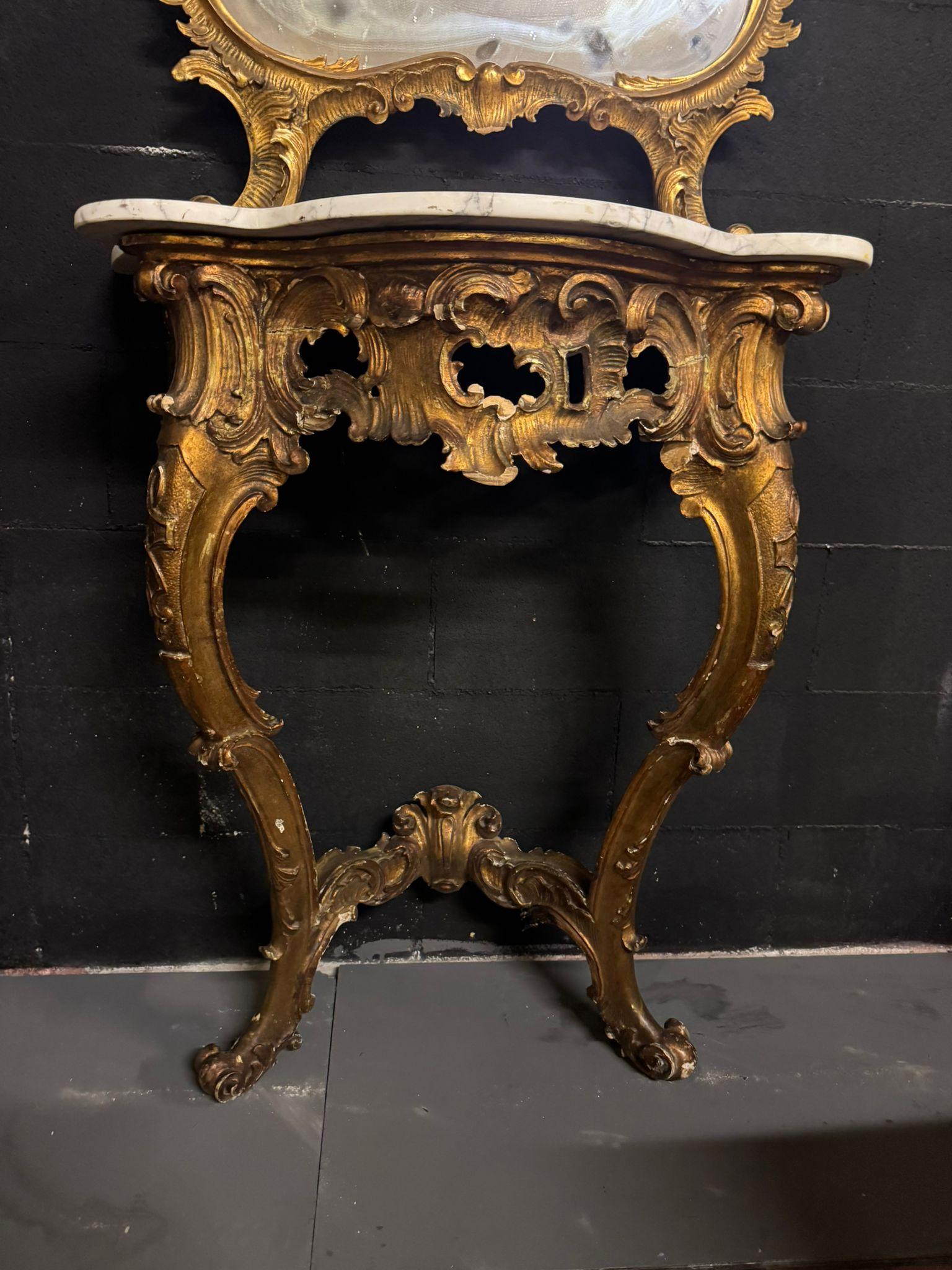 Poplar Console with mirror in carved and gilded wood and base table, Italy For Sale