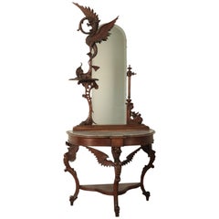 Antique Console with Mirror, Walnut and Marble, Italy, 19th Century