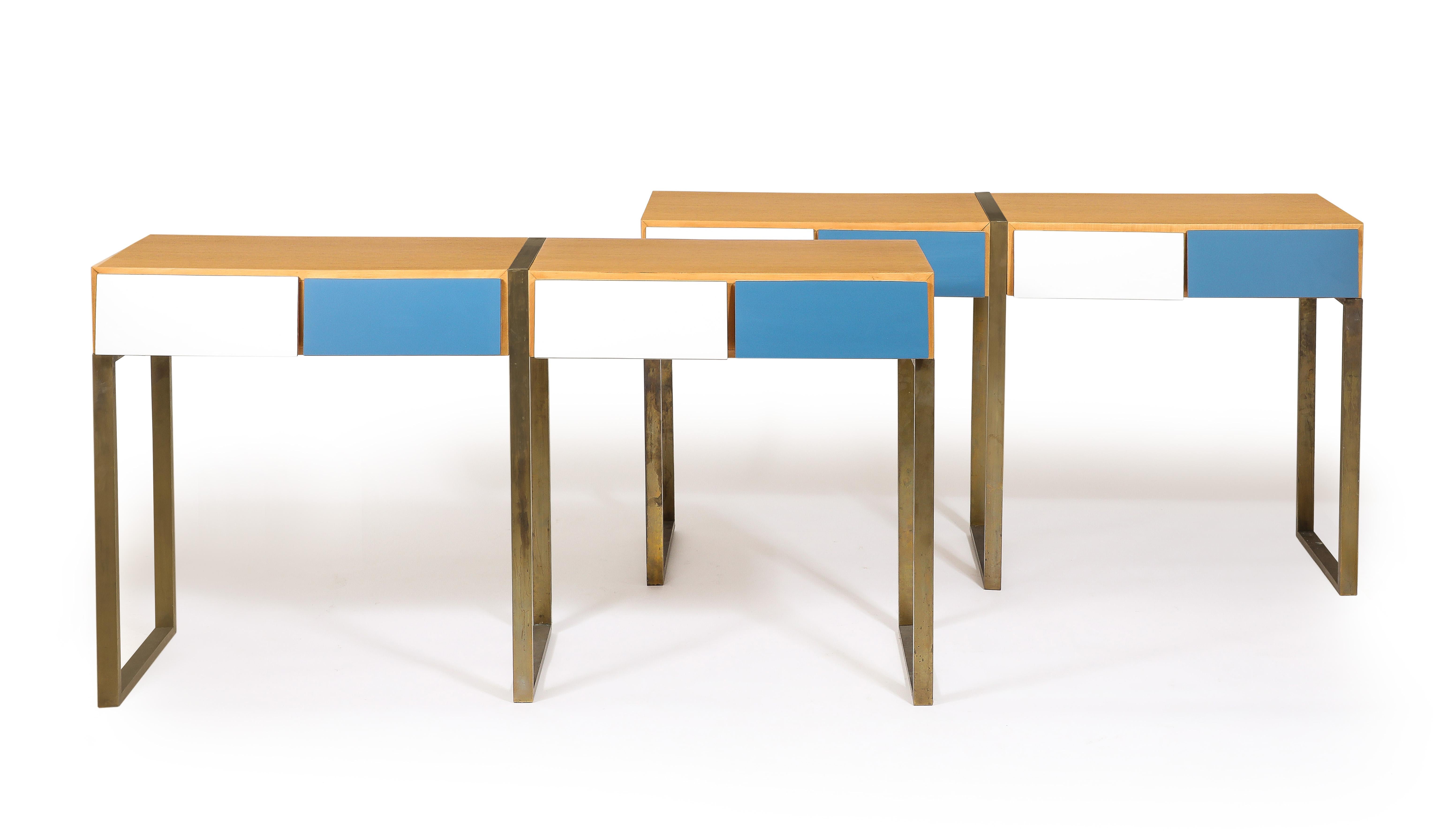Large Oak, Brass and Laminate consoles in the manner of Gio Ponti.