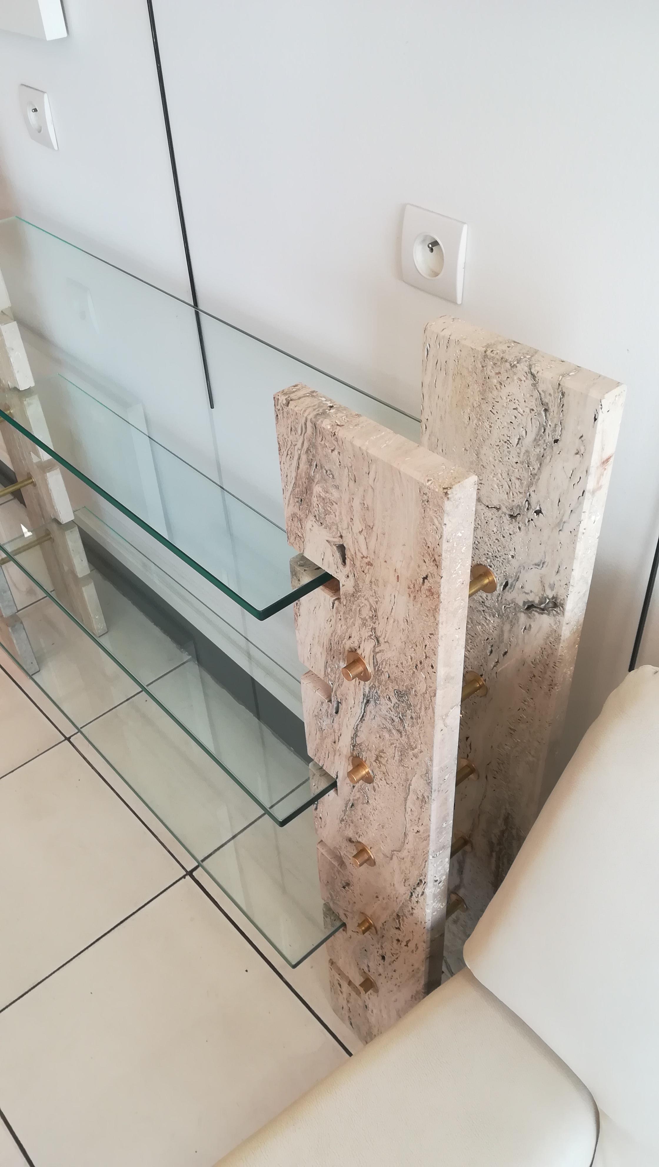 Console or Book Holder in Travertine and Glass, circa 1970 For Sale 2