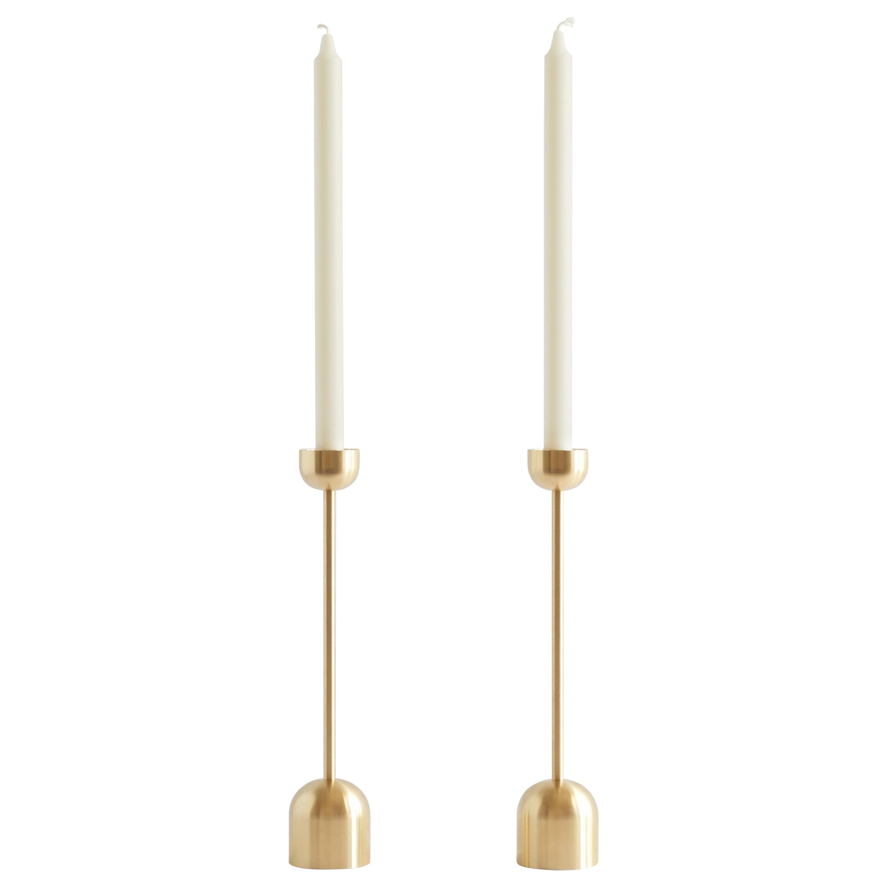 Large Contemporary Brass Cone Spindle Candle Holders
Pair of Candle Holders
Each candle holder: Height: 18 in. (45.72 cm) x Width: 2.5 in. (6.35 cm) x Depth: 2.5 in. (6.35 cm)

Small Contemporary Brass Dome Spindle Candleholders
Pair of Candle