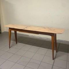 1950s console table with pink marble top and cherry wood frame