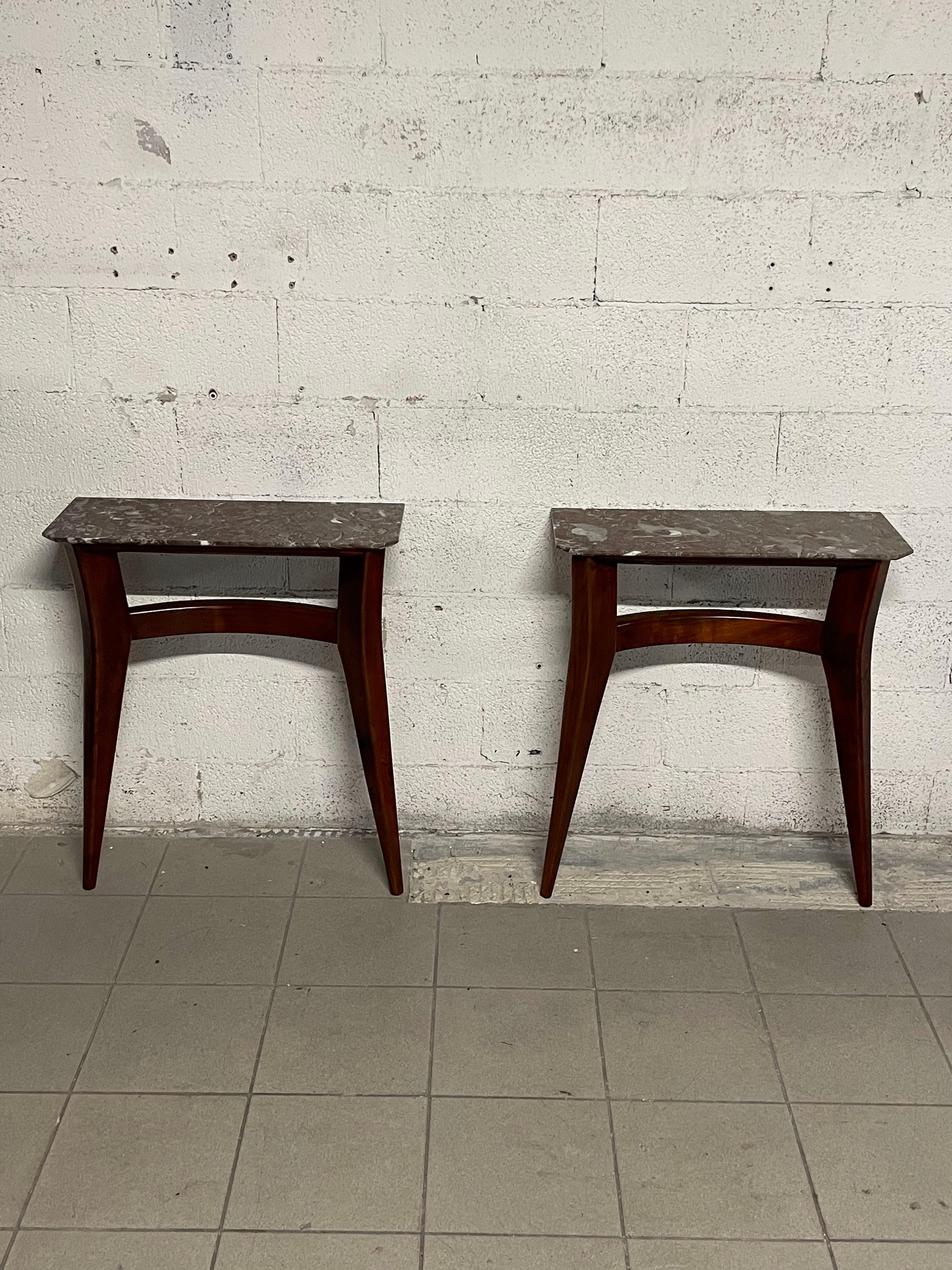 1960s cherry wood console table with marble top.
Fully restored.

They are sold separately although they can be just as interesting in pairs