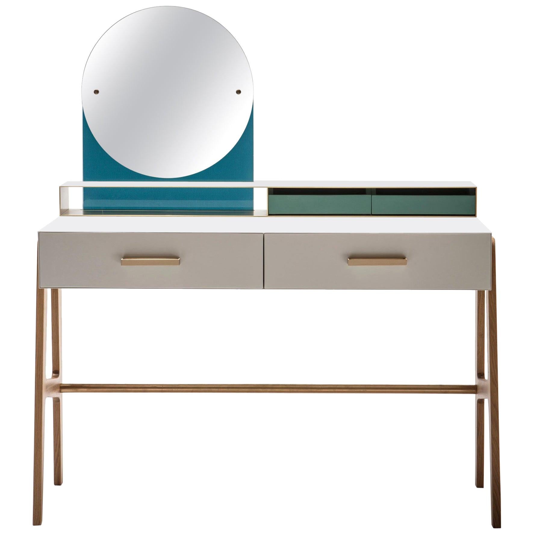 Contemporary Beauty Desk, Makeup Table, Writing Table, Mirror, Brass, Oak wood For Sale