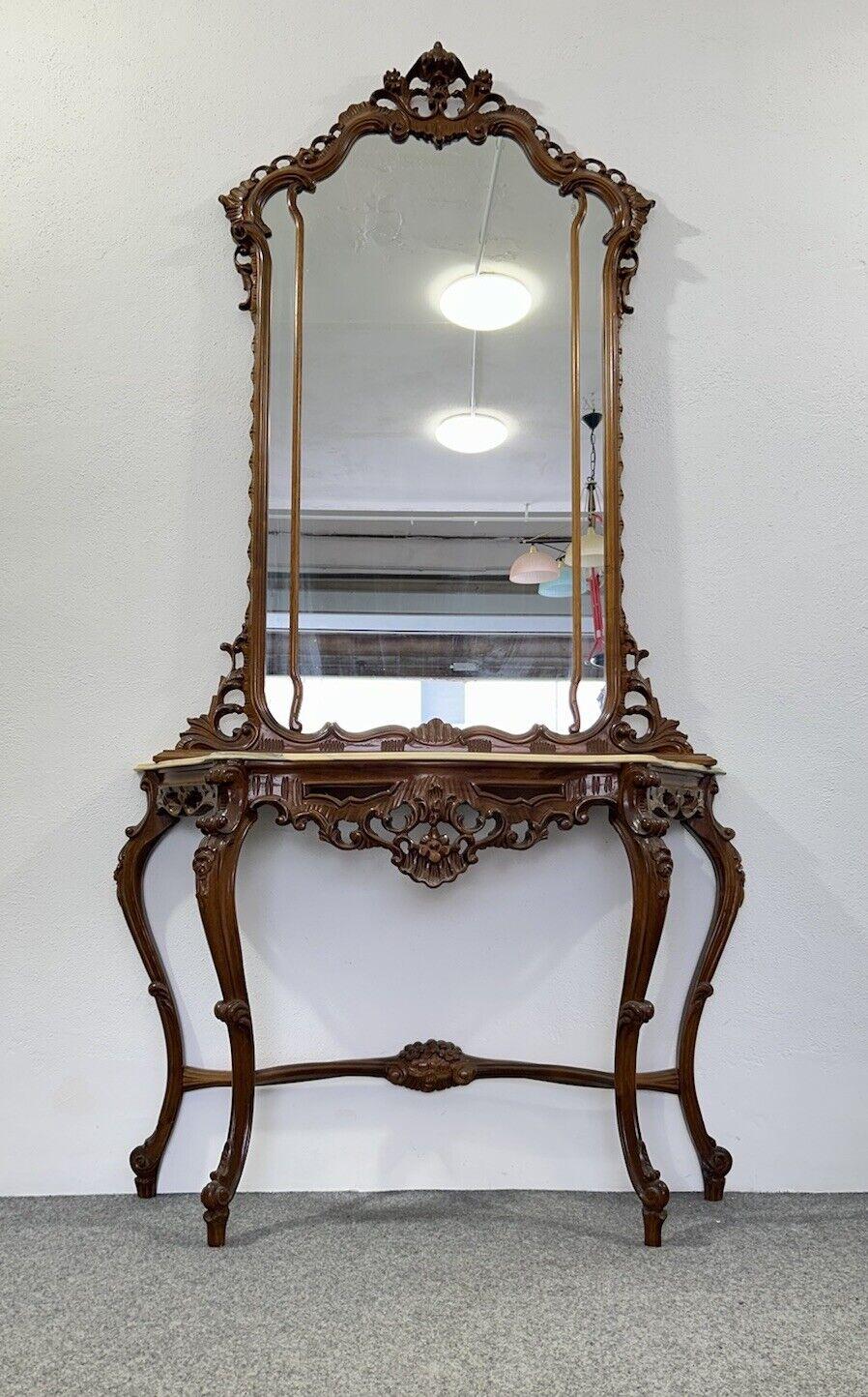 Italian Table console avec miroir sculpté 1920 marbre Miroir ancien en vente