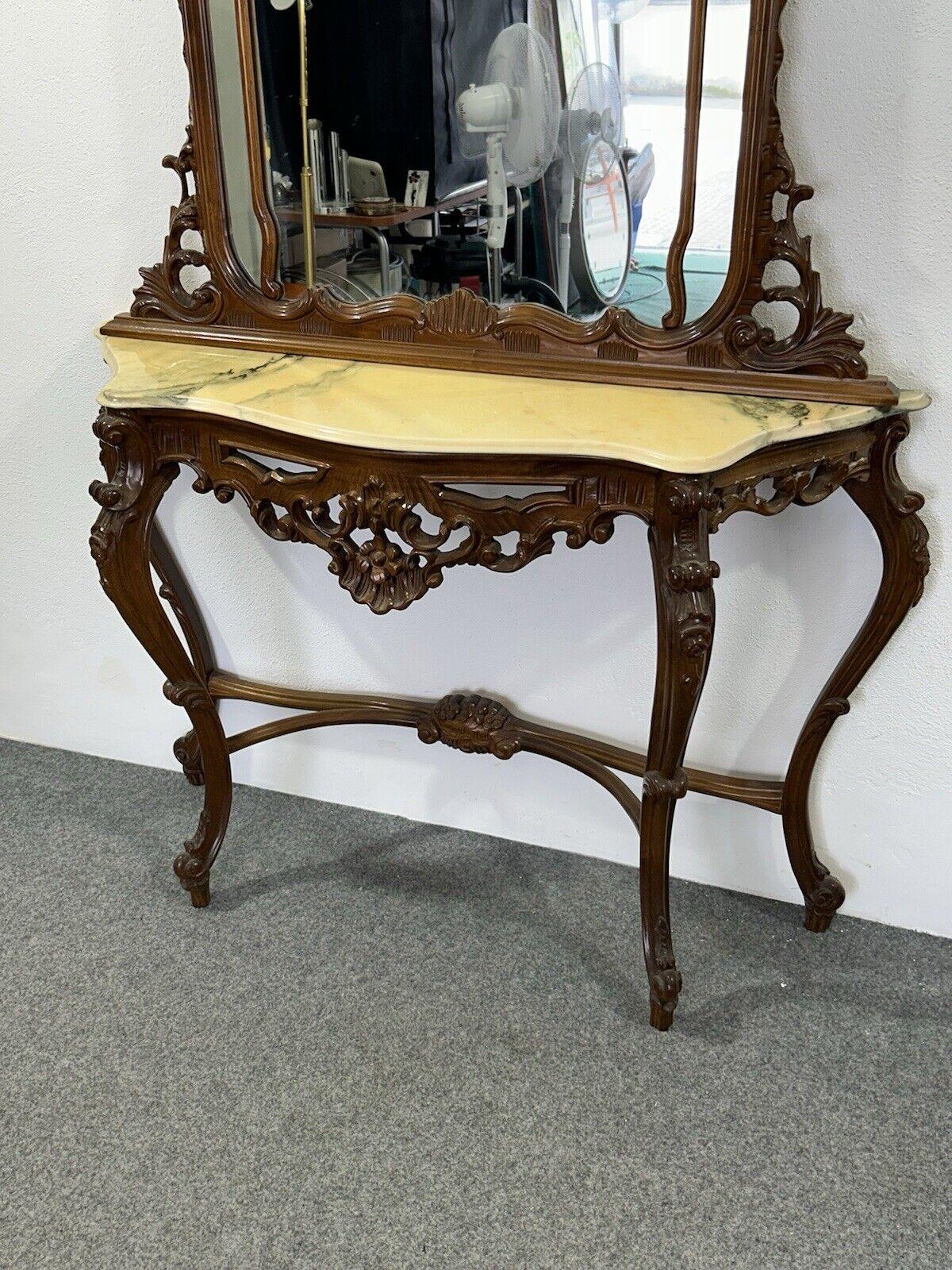 Verre Table console avec miroir sculpté 1920 marbre Miroir ancien en vente