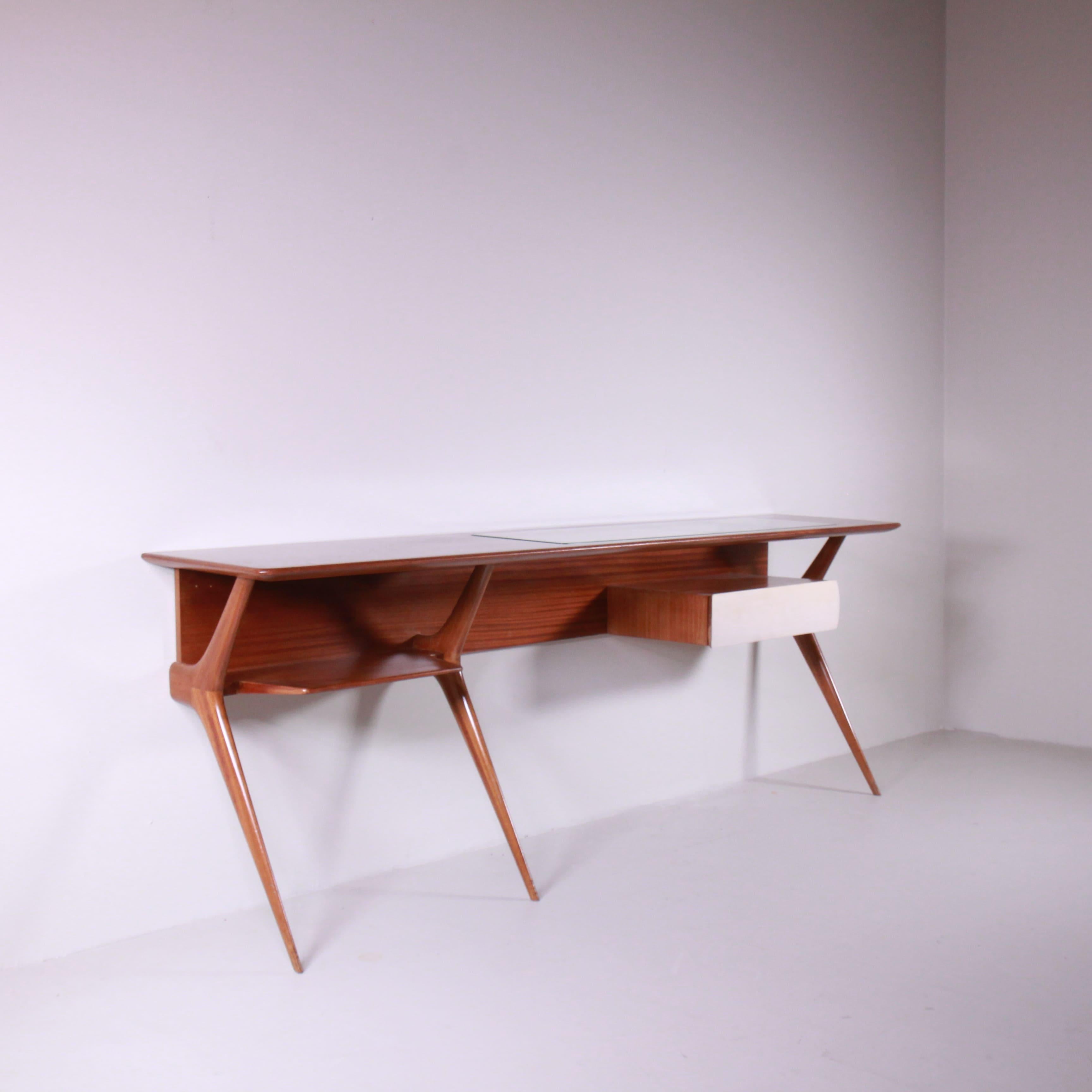 Wandkonsolentisch aus Holz und Pergament, Mid-Century-Stil (Moderne der Mitte des Jahrhunderts)
