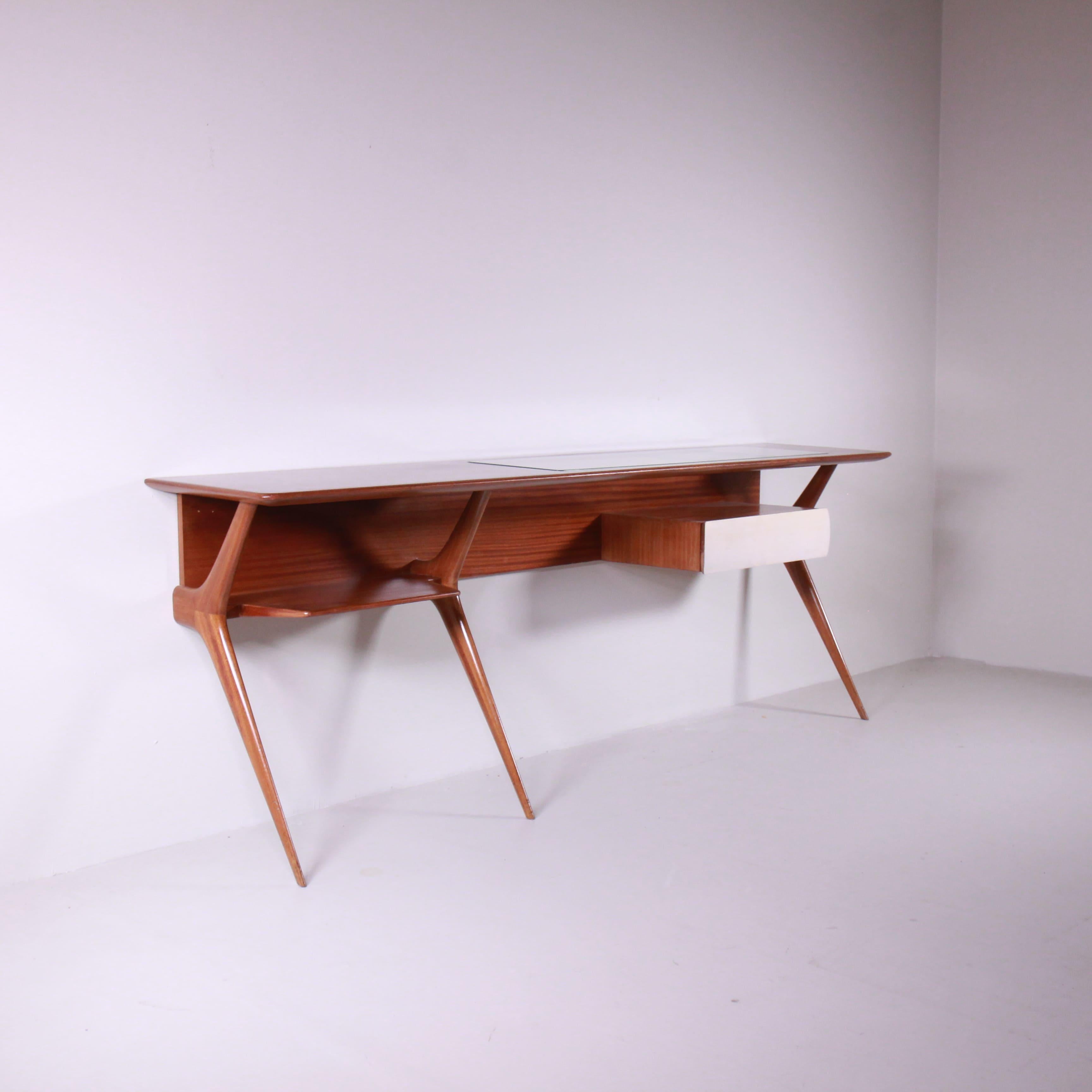 Wandkonsolentisch aus Holz und Pergament, Mid-Century-Stil (Italienisch)