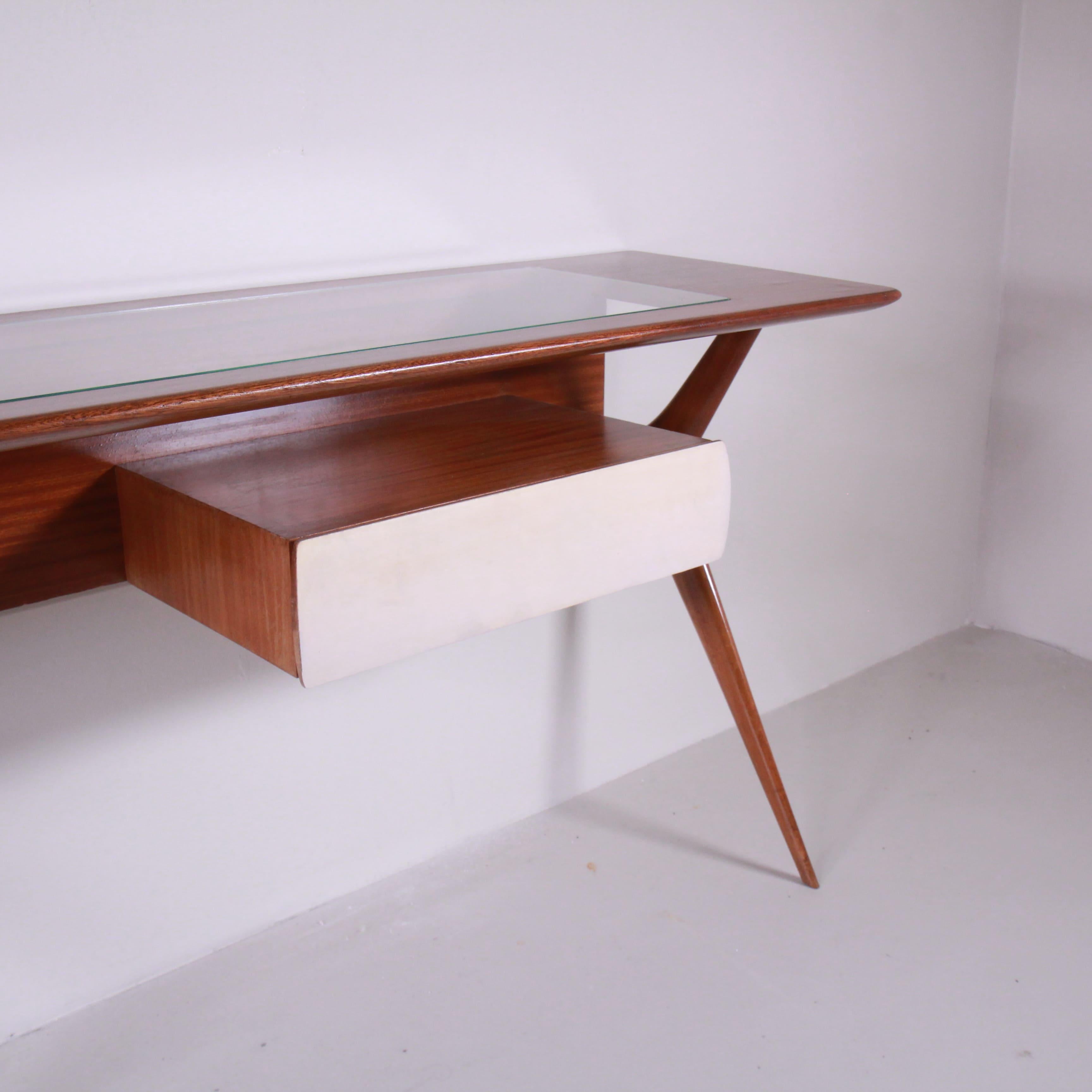 Wandkonsolentisch aus Holz und Pergament, Mid-Century-Stil 1