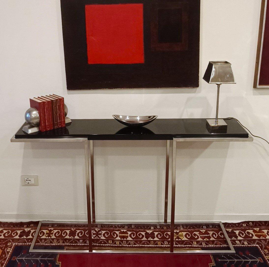 Consola de diseño 80s Acero satinado con estante lacado en negro en Bueno estado para la venta en Villa Verucchio, Emilia-Romagna