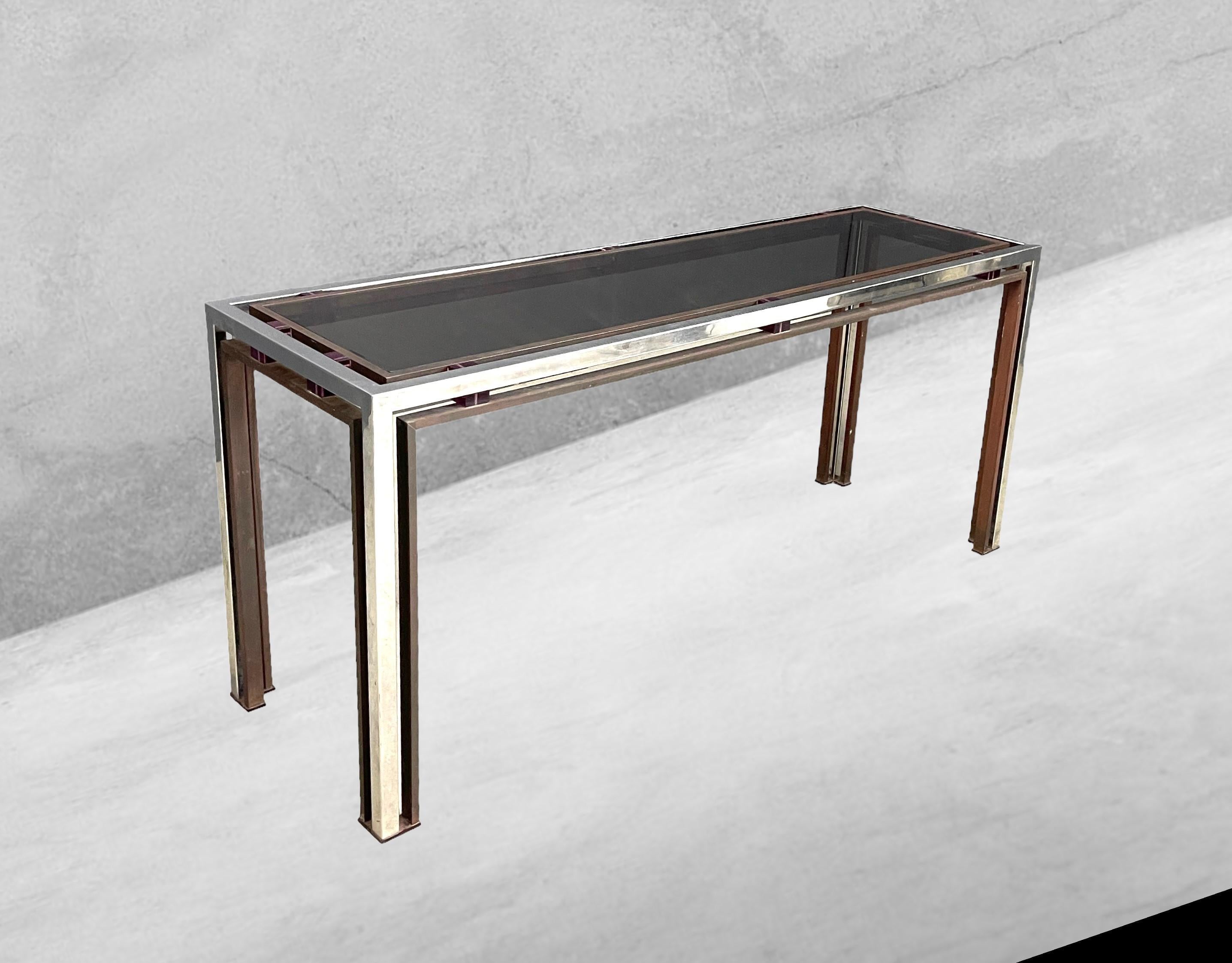 Console table made of chrome-plated metal, brass, and Plexiglas. Designer Romeo Rega. 1970ties.