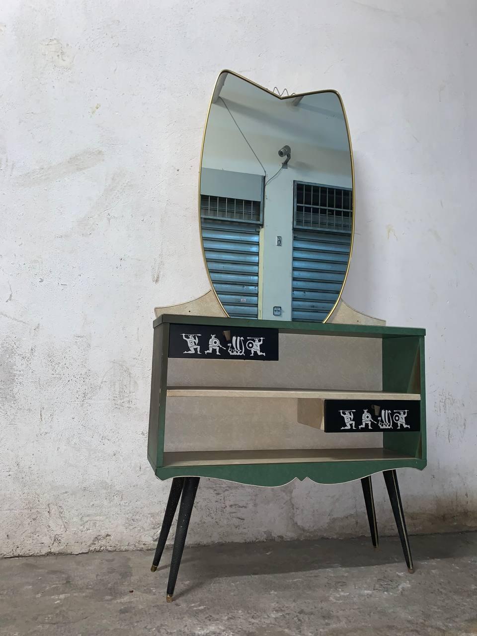 Mid-Century Modern Console Umberto Mascagni en cuir véritable et laiton 1950 20e siècle en vente
