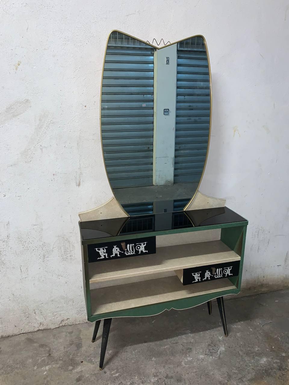 Console Umberto Mascagni en cuir véritable et laiton 1950 20e siècle Bon état - En vente à Palermo, IT