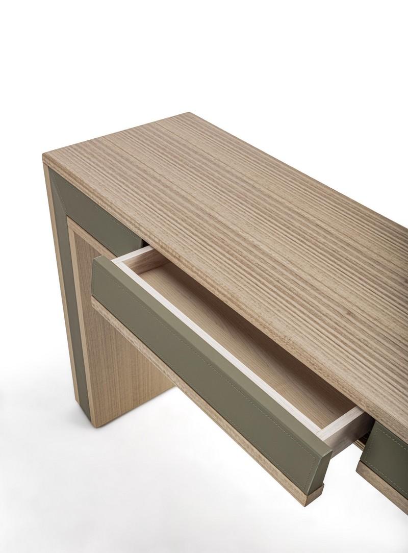 Modern Galileo Lux modern console table in Eucalyptus with leather inserts For Sale