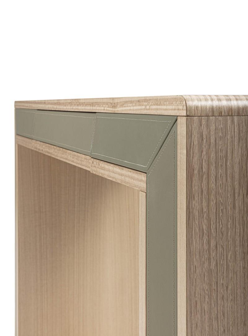 Italian Galileo Lux modern console table in Eucalyptus with leather inserts For Sale