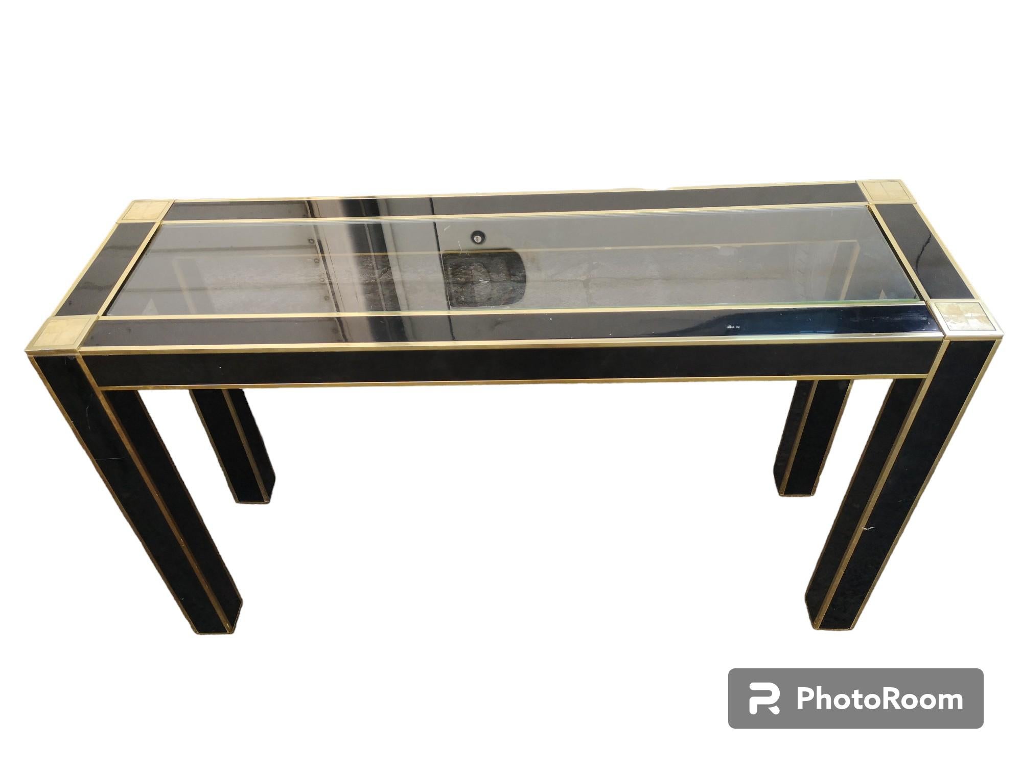 Pierre Cardin brass and crystal wood console table for Roche Bobois late 1970s In Good Condition For Sale In Catania, IT