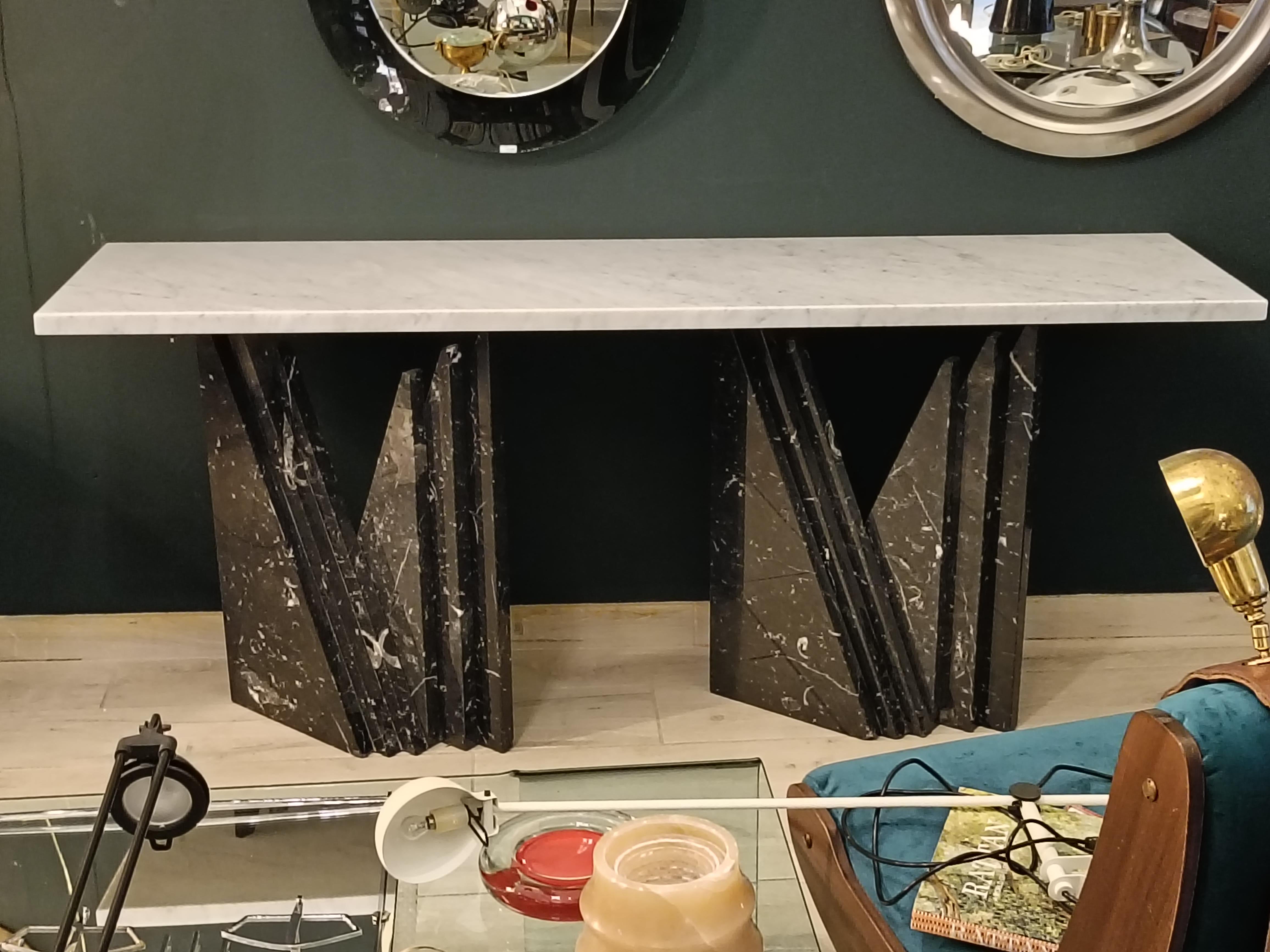 Mid-Century Modern Marble Console Table, Black Marquinia Bases and White Carrara Top, Italy 1980s For Sale