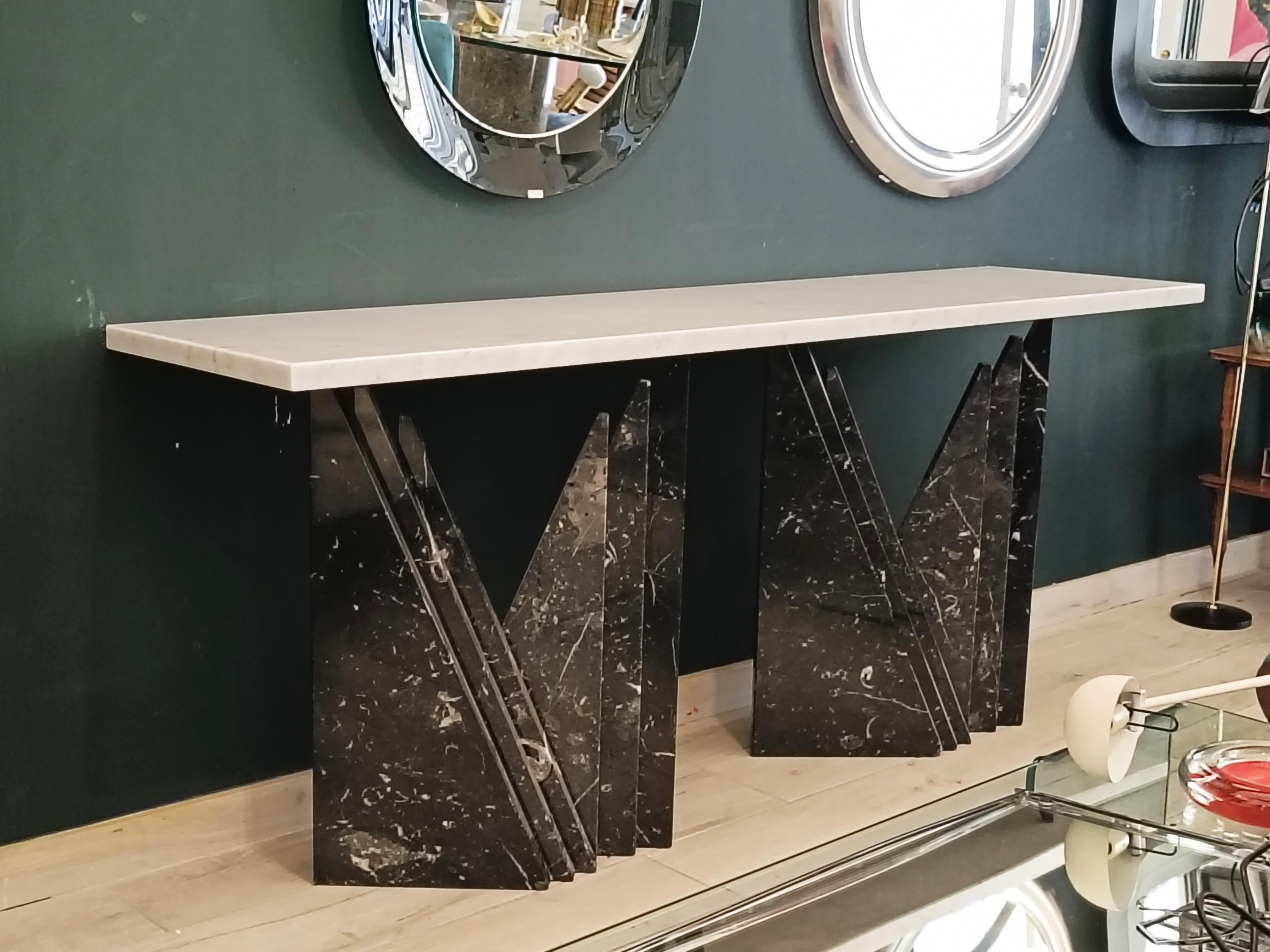 Italian Marble Console Table, Black Marquinia Bases and White Carrara Top, Italy 1980s For Sale