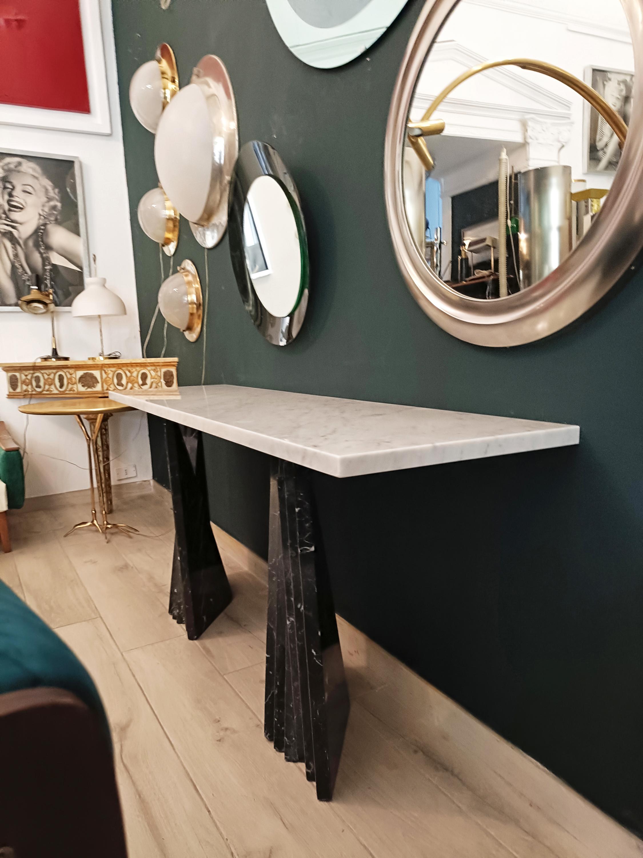 Marble Console Table, Black Marquinia Bases and White Carrara Top, Italy 1980s In Good Condition For Sale In Naples, IT