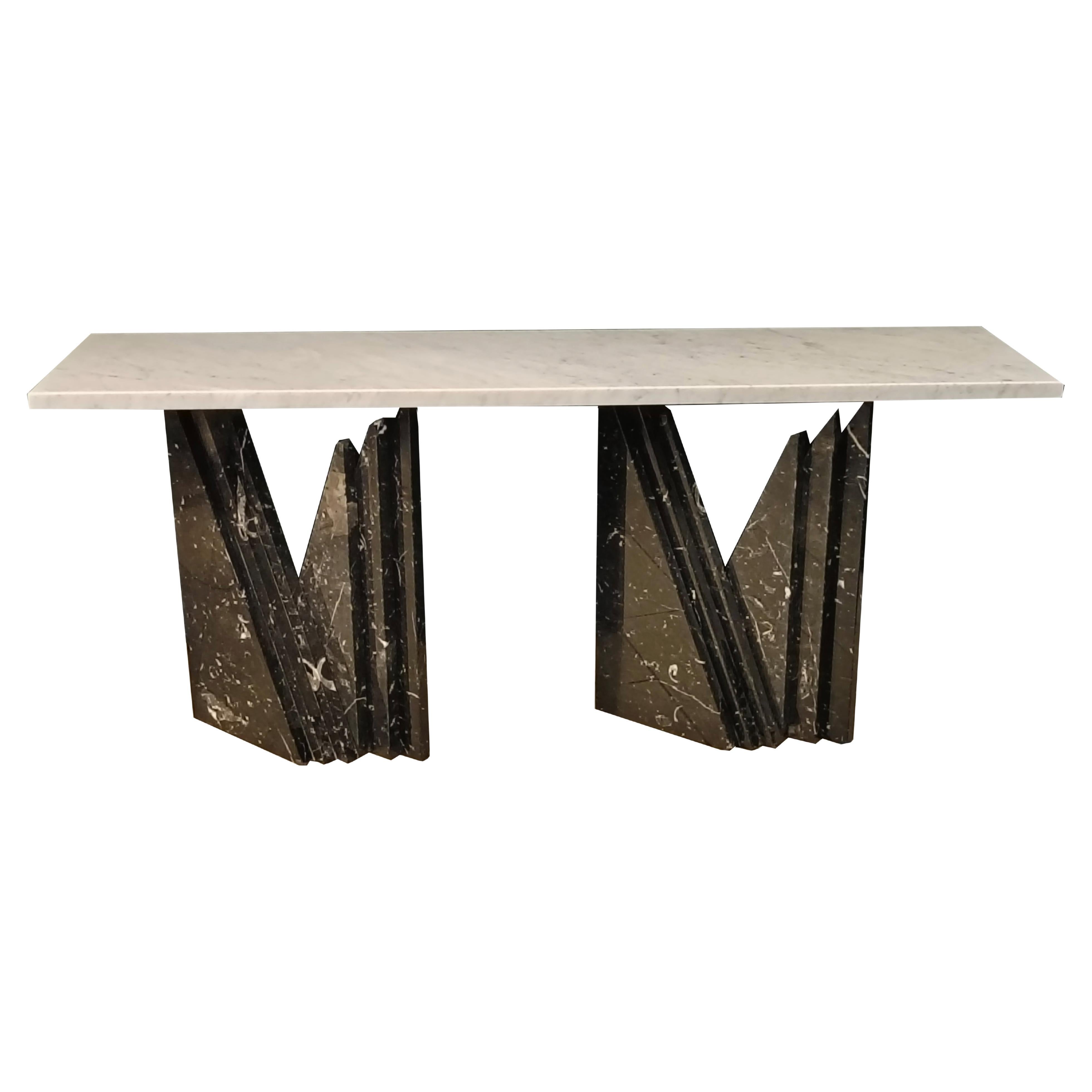 Marble Console Table, Black Marquinia Bases and White Carrara Top, Italy 1980s For Sale